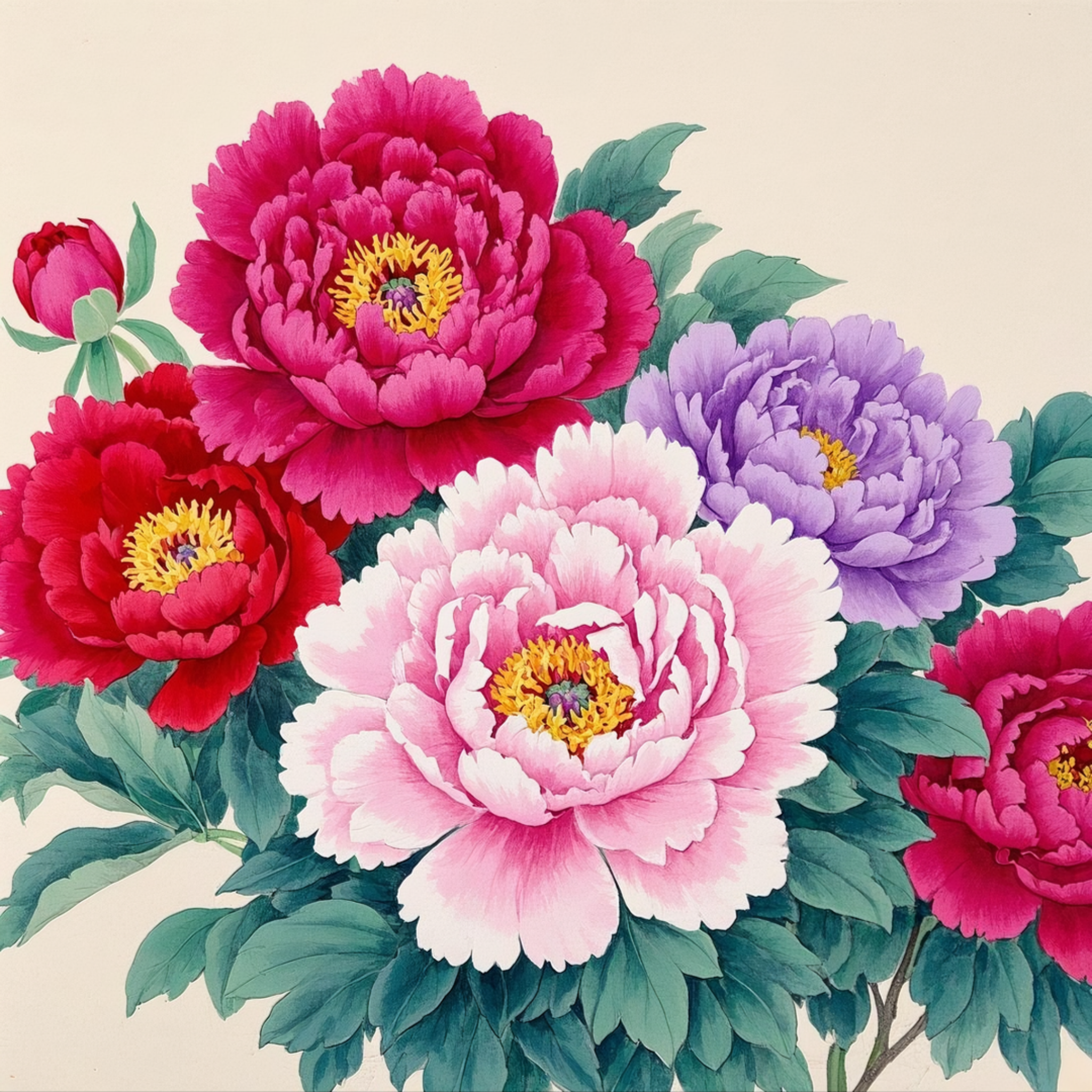 牡丹花的色彩斑斓,红色,粉色,紫色花朵交织在一起,宛如一幅精美的画卷