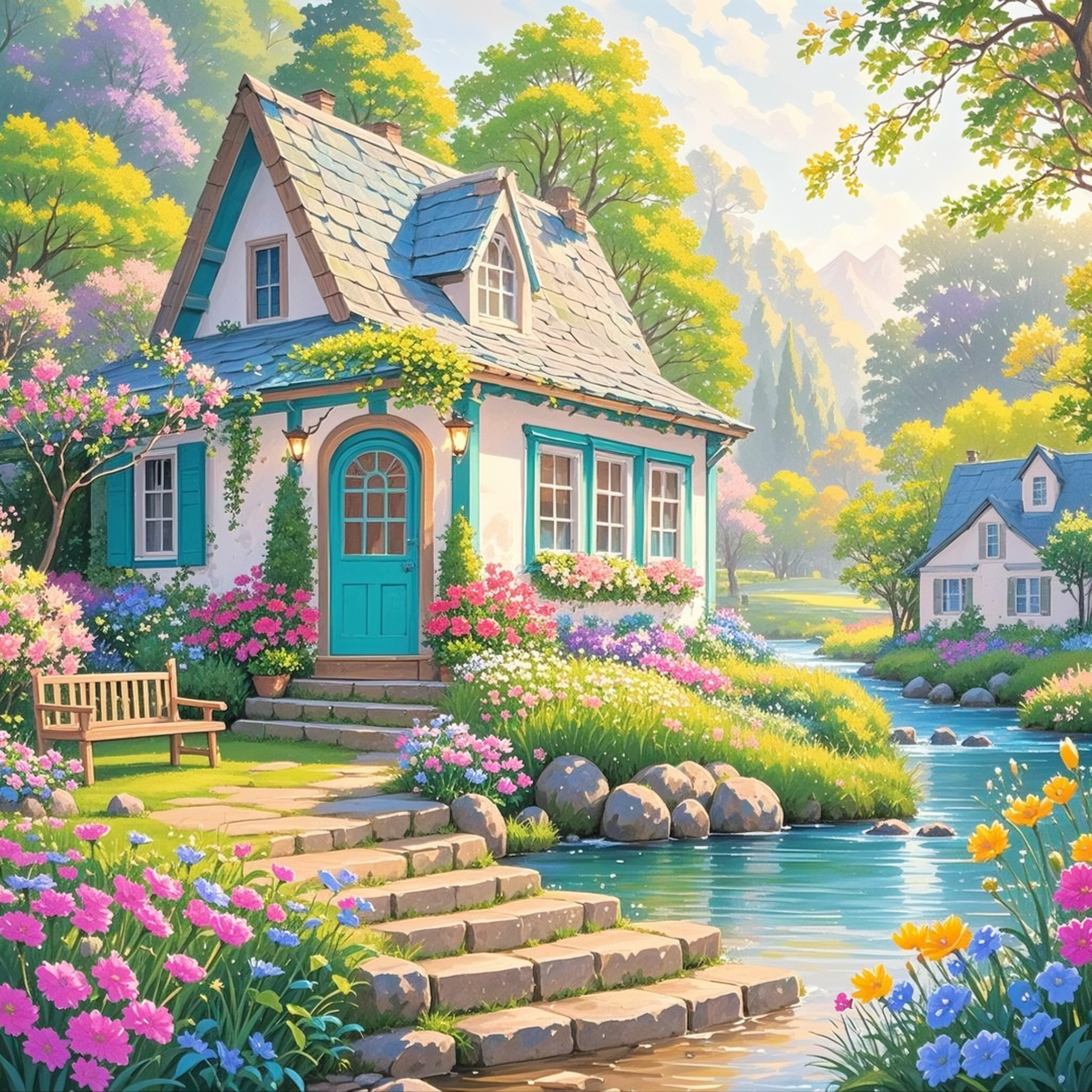 那白色小屋旁,小河轻快地流淌,河边开满了各色花草,绿树成荫,整个画面