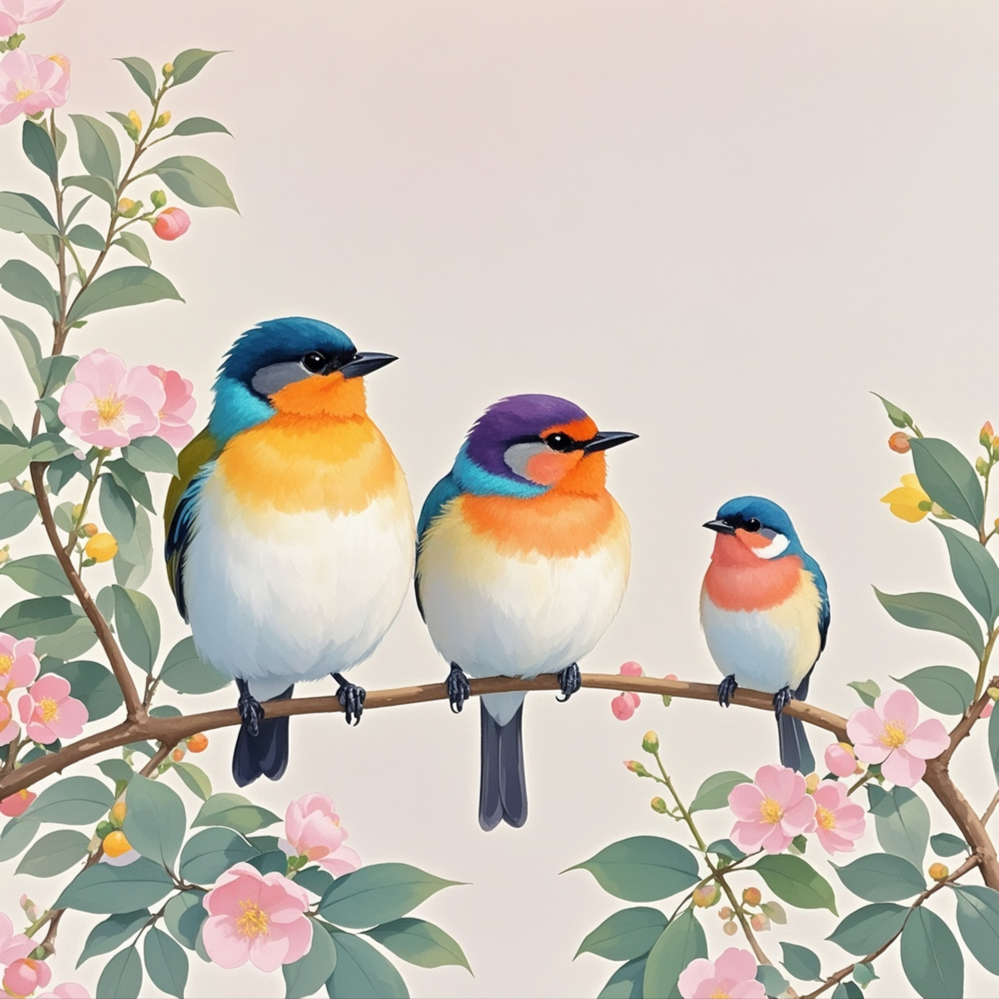 三只圆滚滚的小胖鸟,稳稳地站在花枝上,像是三个小绒球在花丛中凑热闹