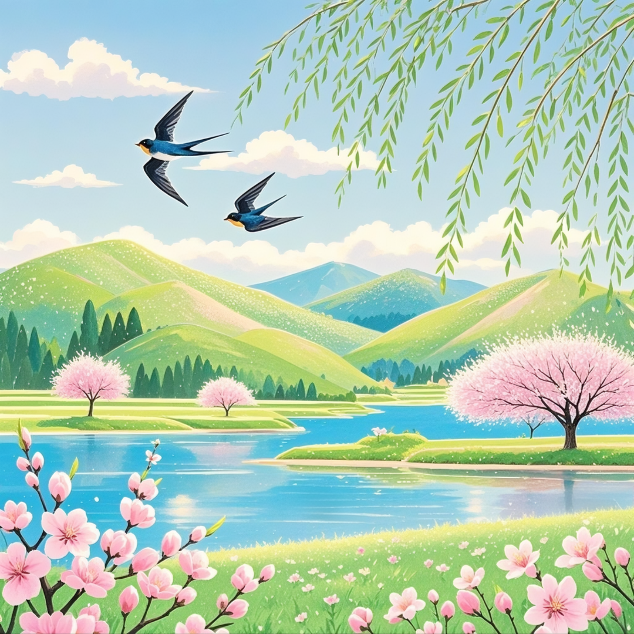 寒冬刚过,春风徐来,远处碧绿色的群山环绕,草地披绿湖水清澈见底,倒映