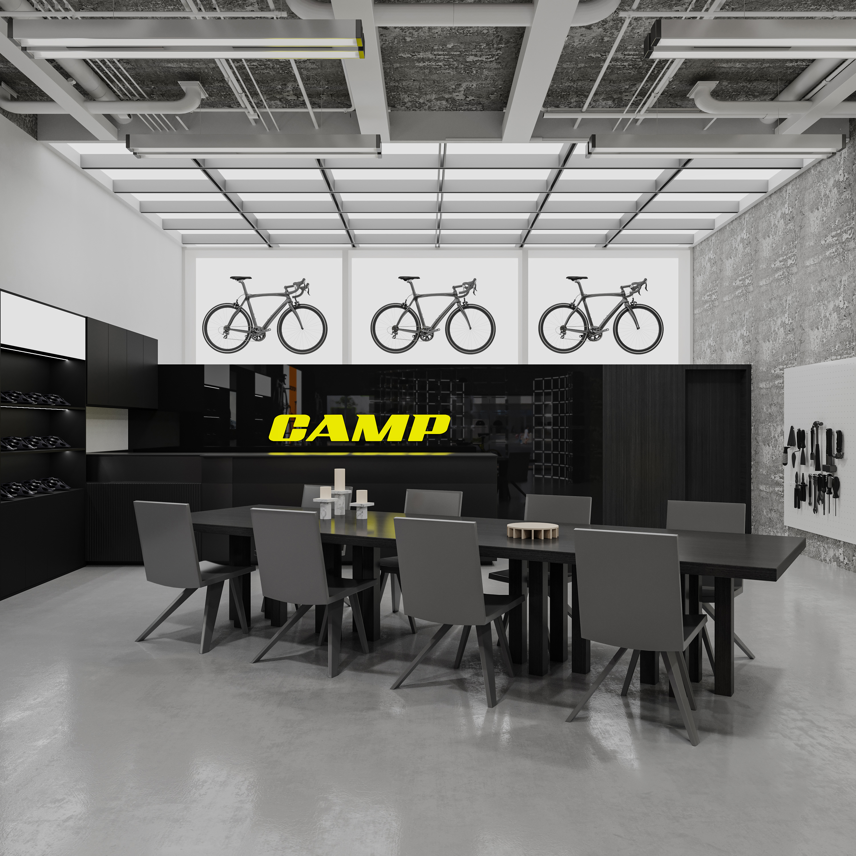 自行车展厅设计装修案例分享,工业风格设计,裸露的水泥墙与金属框架相