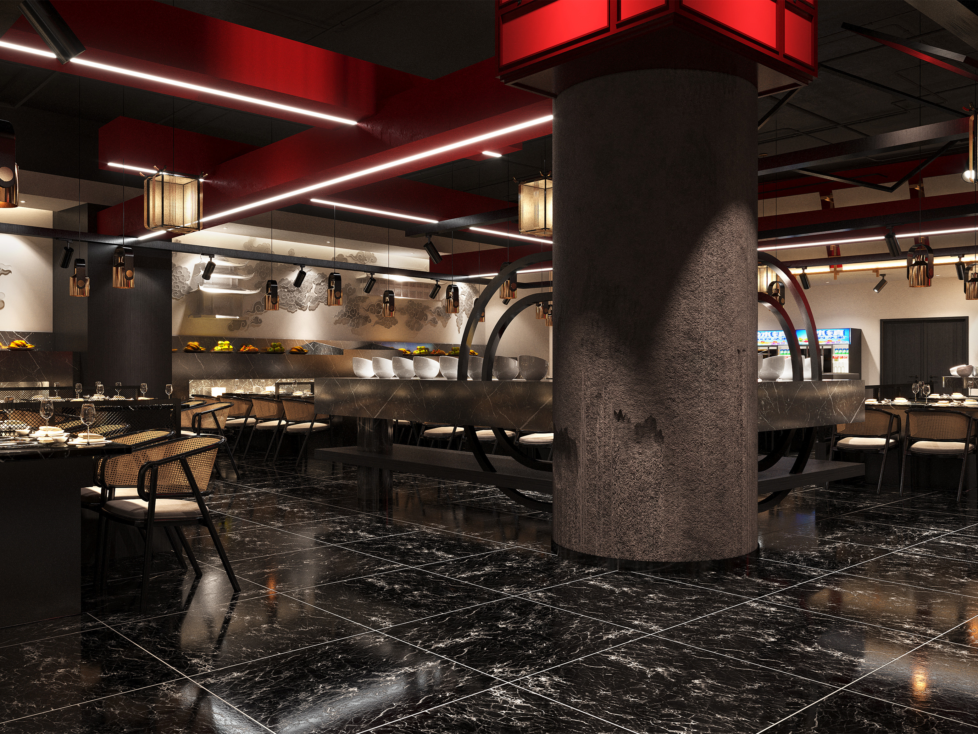 国潮风火锅店设计装修案例分享,大红主色调搭配质感大理石地板,传统
