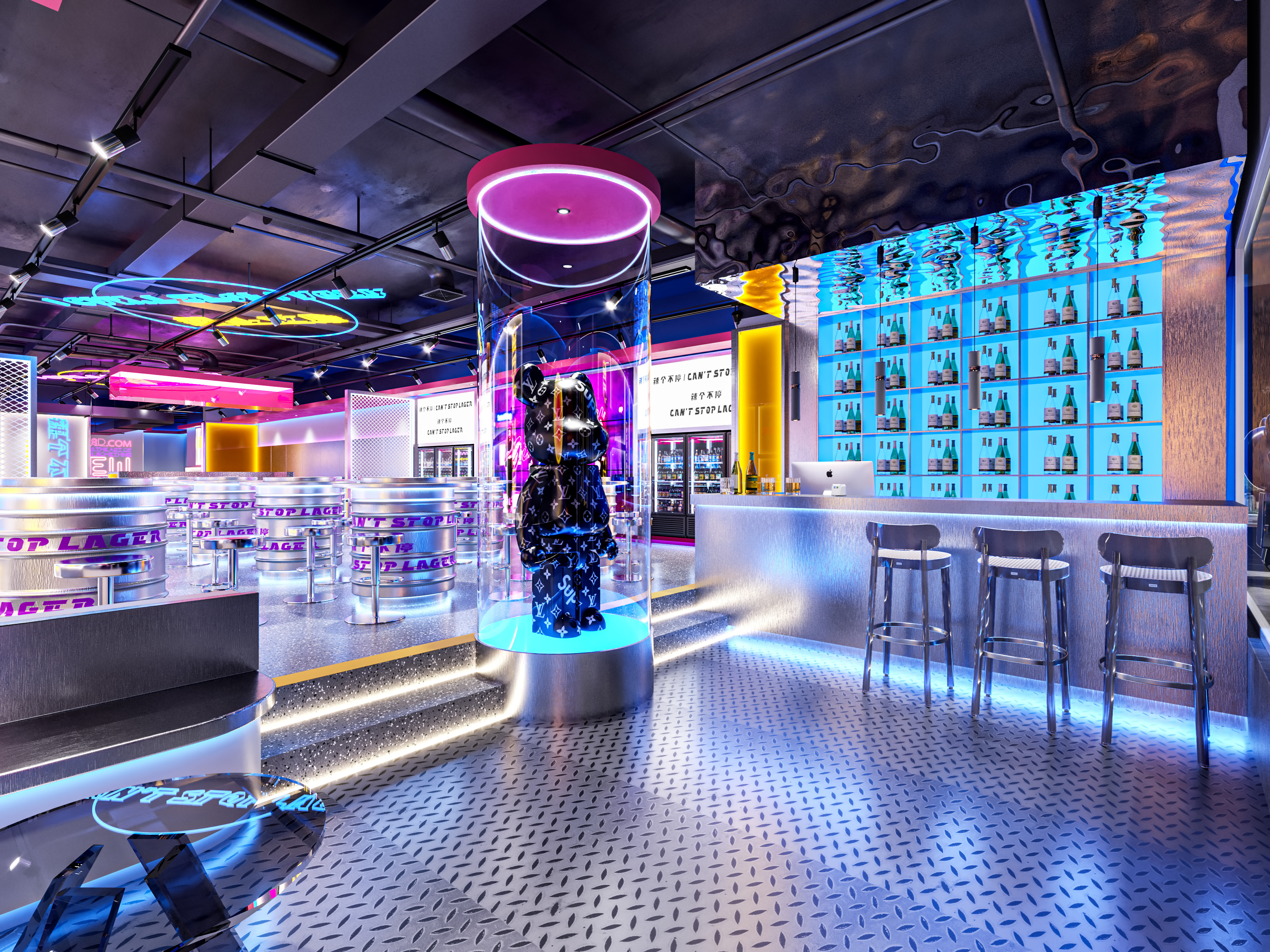 网红餐厅设计装修案例分享,整体风格梦幻又吸睛,撞色搭配大胆出挑,每