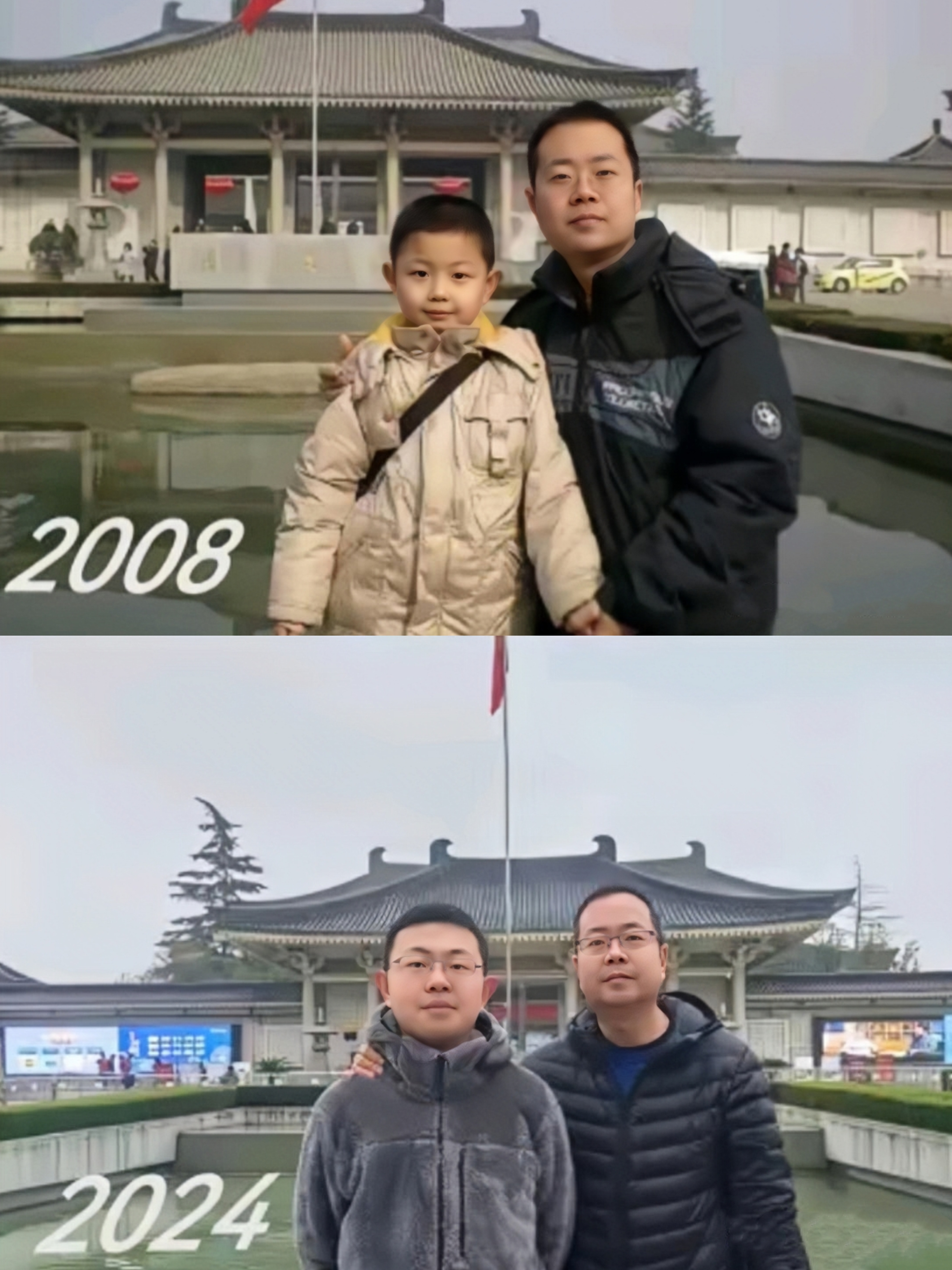 时隔16年,一对父子在同一个地方留下了两张珍贵的合影