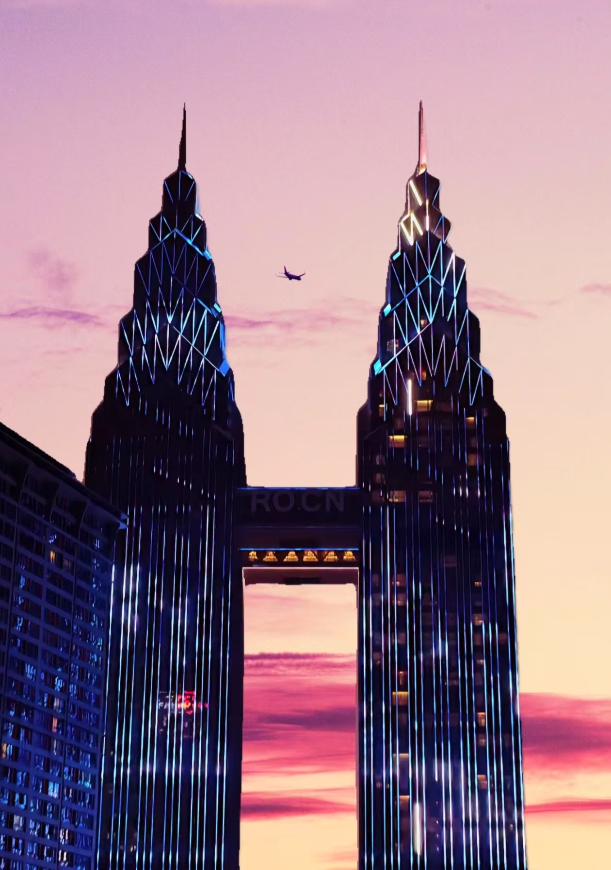 嚯!重庆双塔在粉紫晚霞下,灯光璀璨,还有飞机飞过,老美啦!