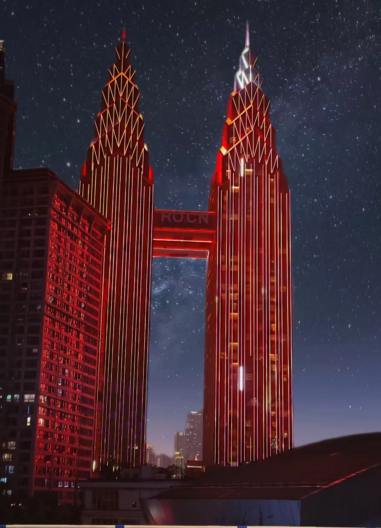 哇噻!夜晚星空下,重庆双塔红光照耀,那叫一个璀璨夺目!