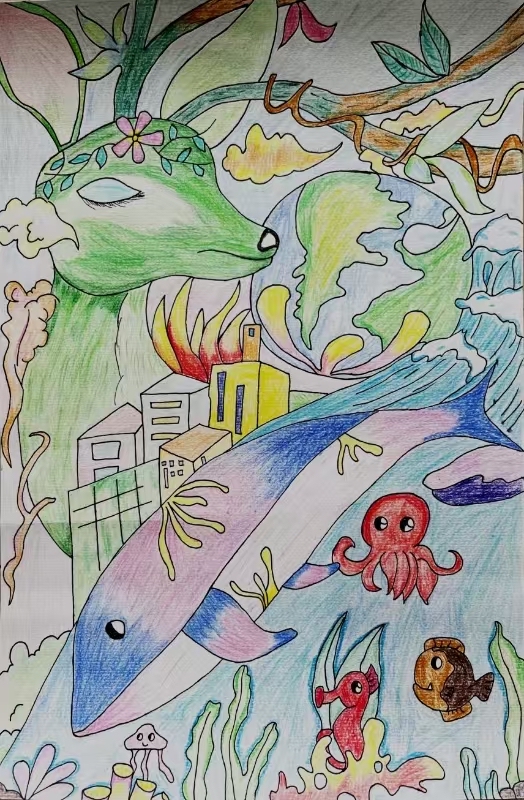 右下角海洋世界丰富多彩,蓝色大鲸鱼,八爪鱼,海马,乌贼和海草构成神秘