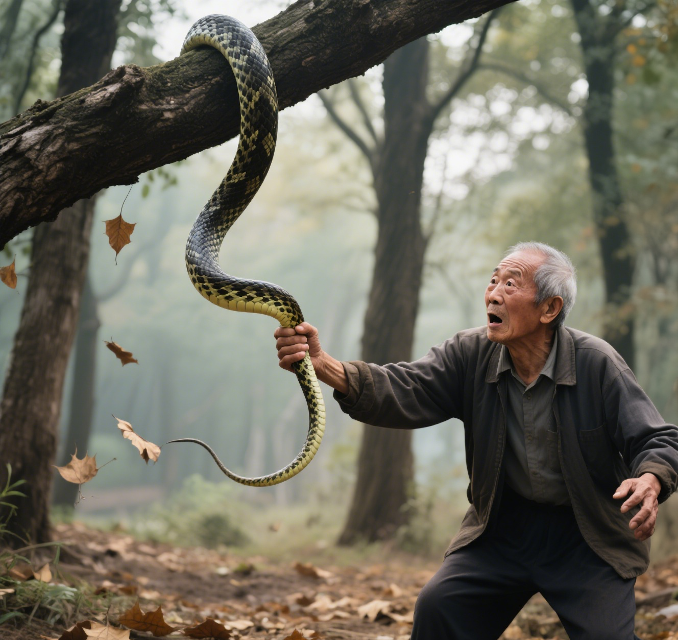 树上掉下一条蛇,大爷拽着蛇一顿甩,场面一度刺激得像拍电影!