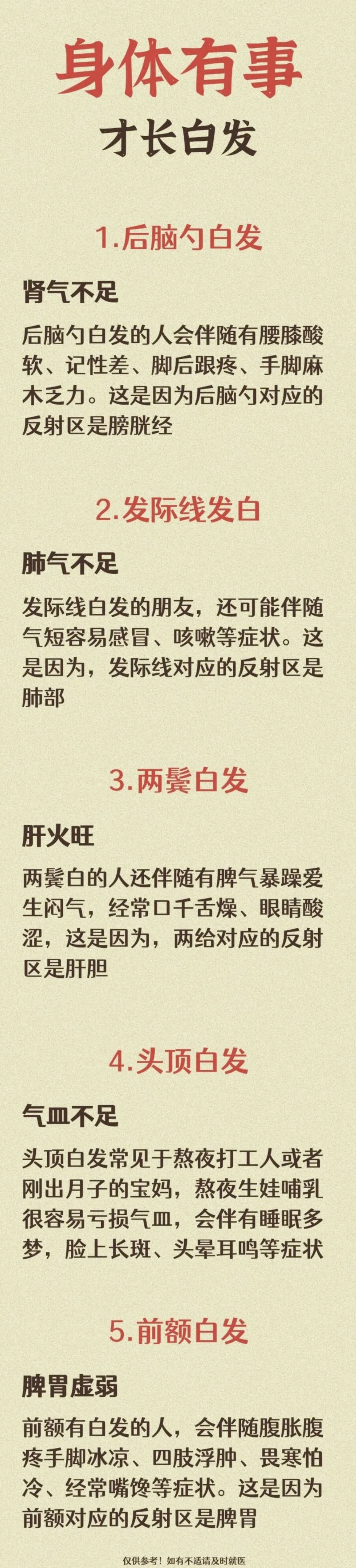 身体有事才长白发 1,后脑勺白发—肾气不足 2,发际线发白—肺气不