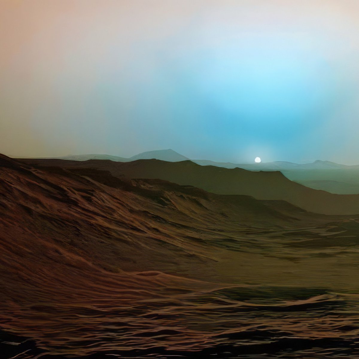 照片中的太阳正缓缓落入火星地平线,天空呈现出一种奇特的蓝色渐变