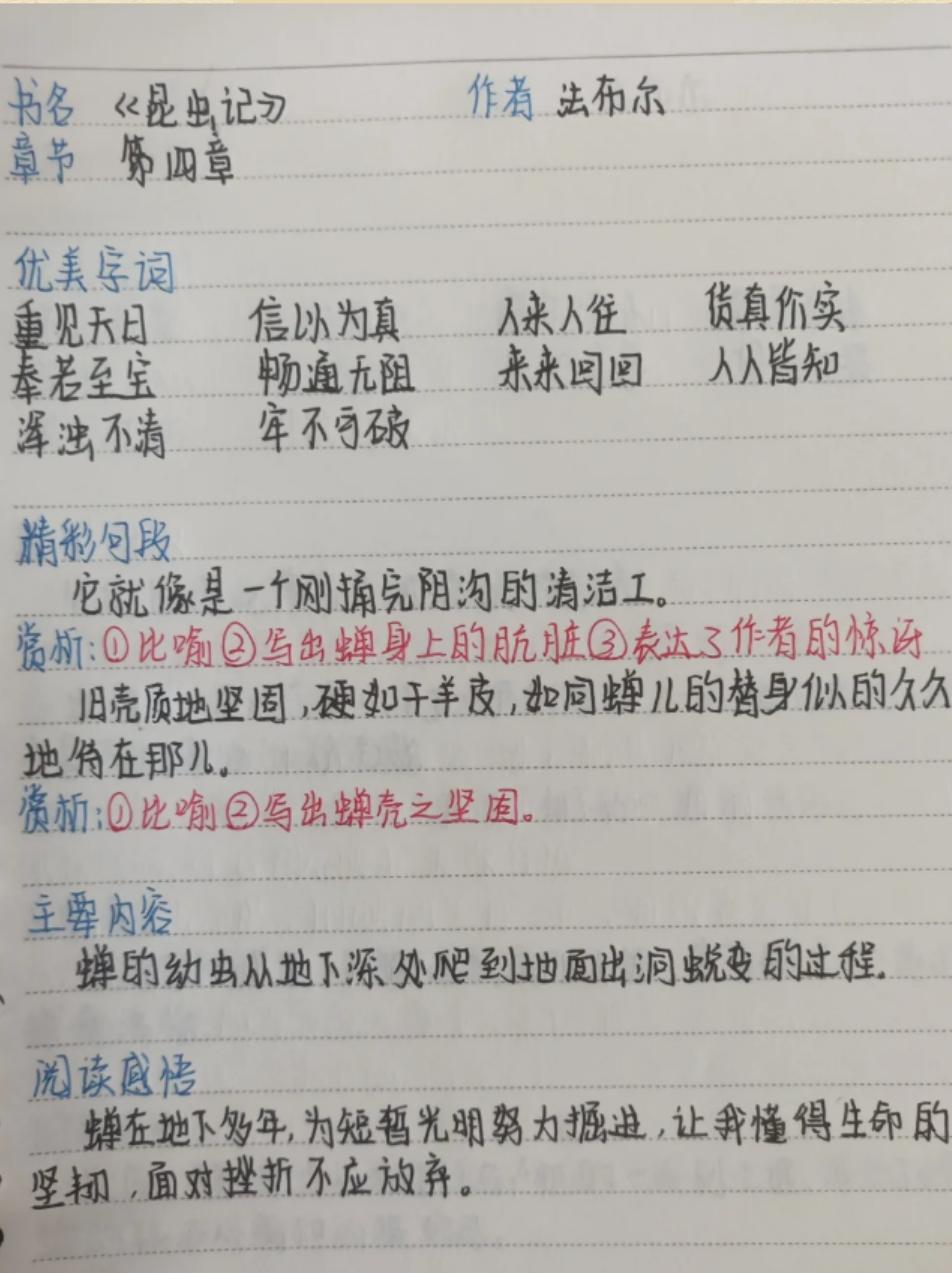 昆虫记1一7章摘抄笔记  第一章  摘抄:我从放大镜里见过蝉发怒的样子.