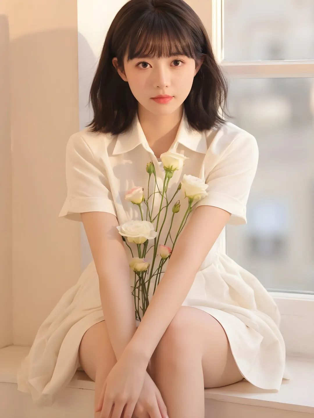 镜头透过下方的花瓣拍摄到后面的女学生齐肩的黑色短发齐眉的刘海