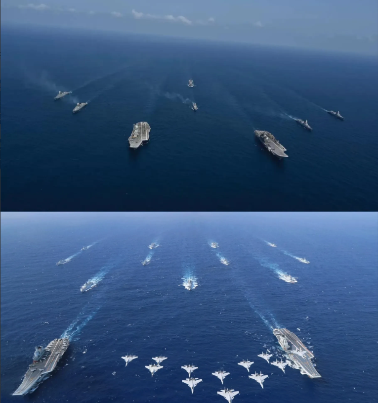 中印双航母战斗群对比:兔子的航母周边舰艇有三艘055,五艘052d驱逐舰