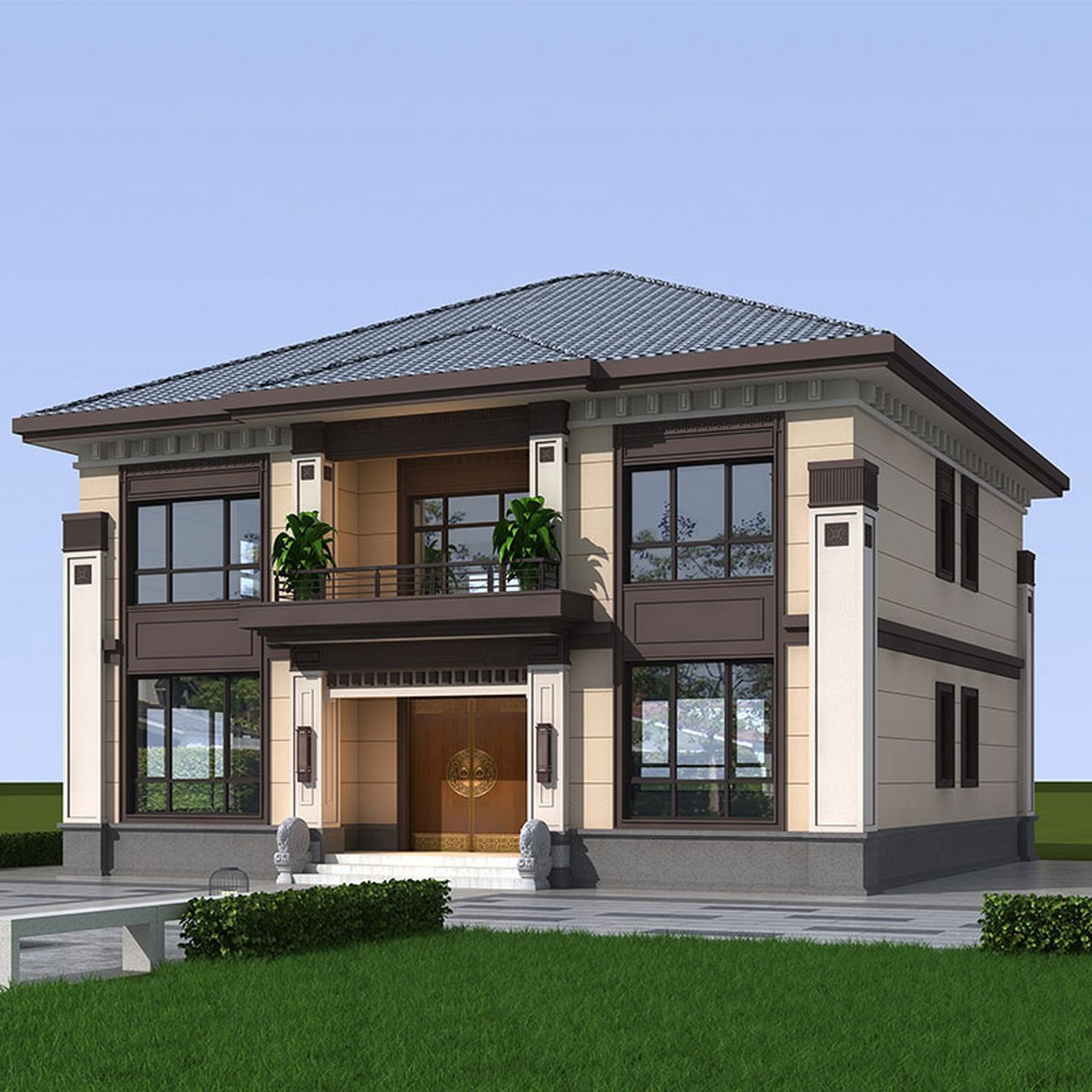 花小钱盖好房,二层新中式别墅真的很不错 很多人都向往风景秀丽,小桥