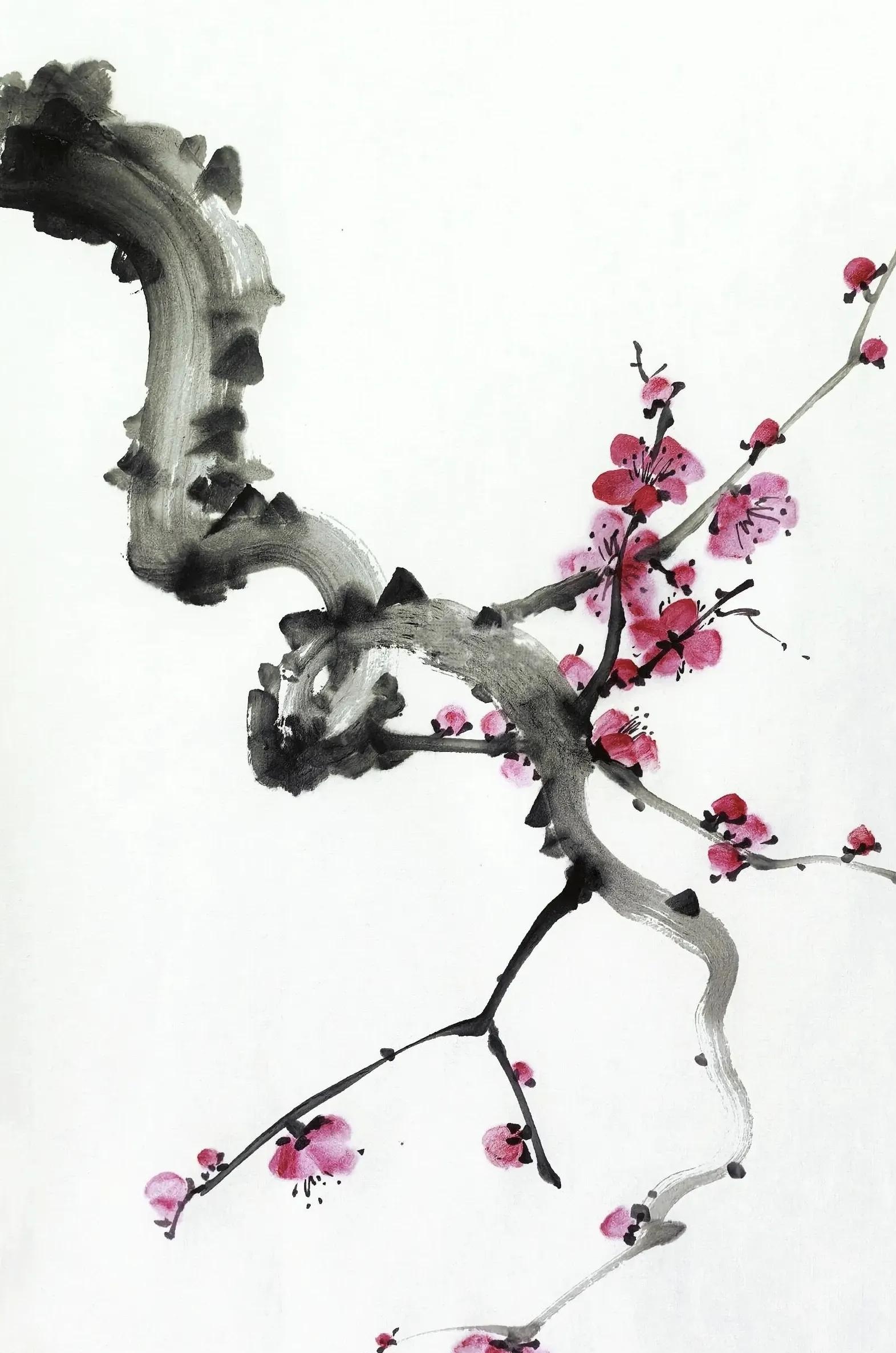 一组写意梅花图,墨枝遒劲,红梅/粉梅点缀,简洁几笔,尽显梅花傲寒风骨