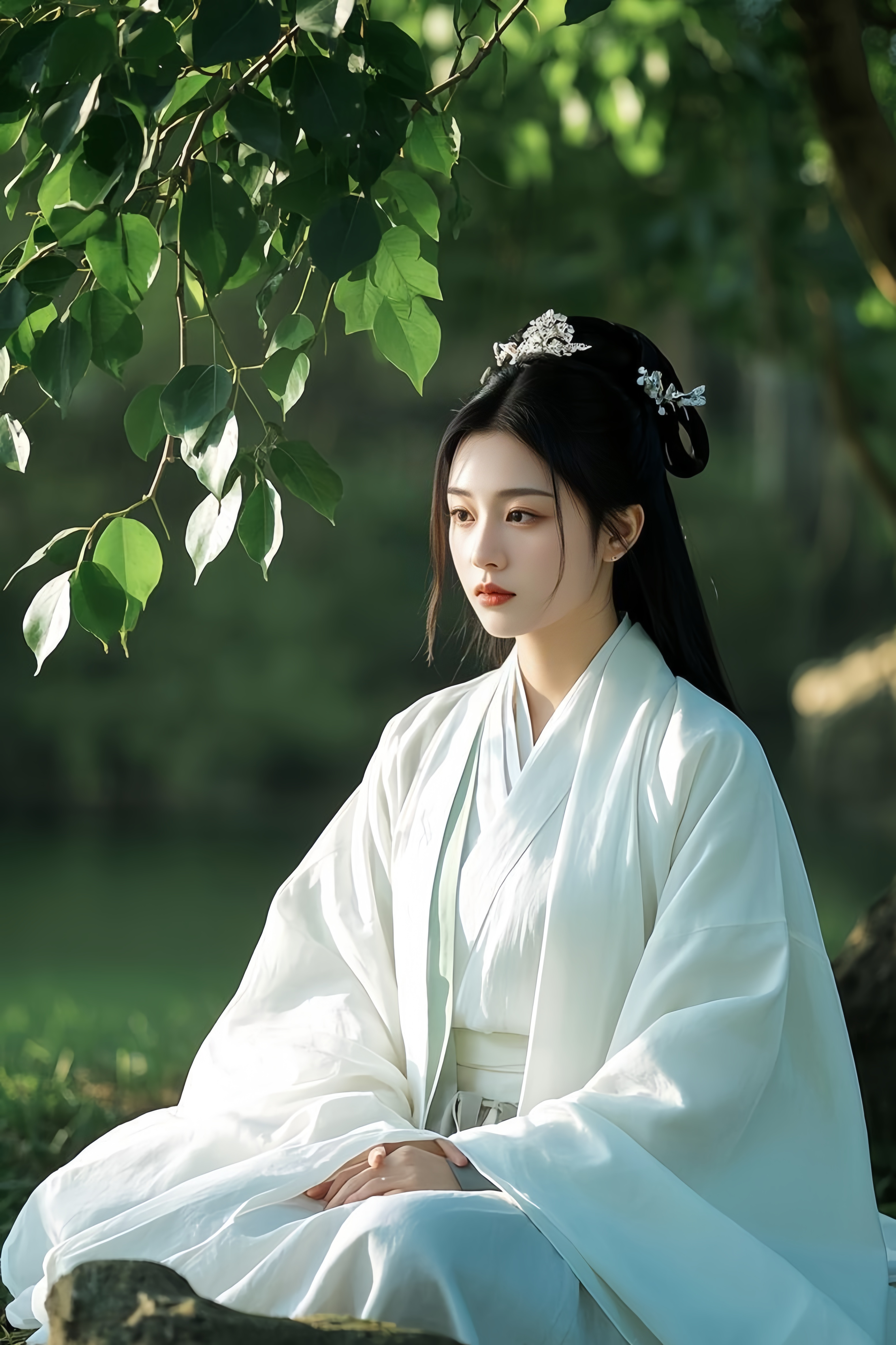 白衣胜雪,静倚树干.阳光透过枝叶,洒下斑驳光影,似佛前闪烁的烛火