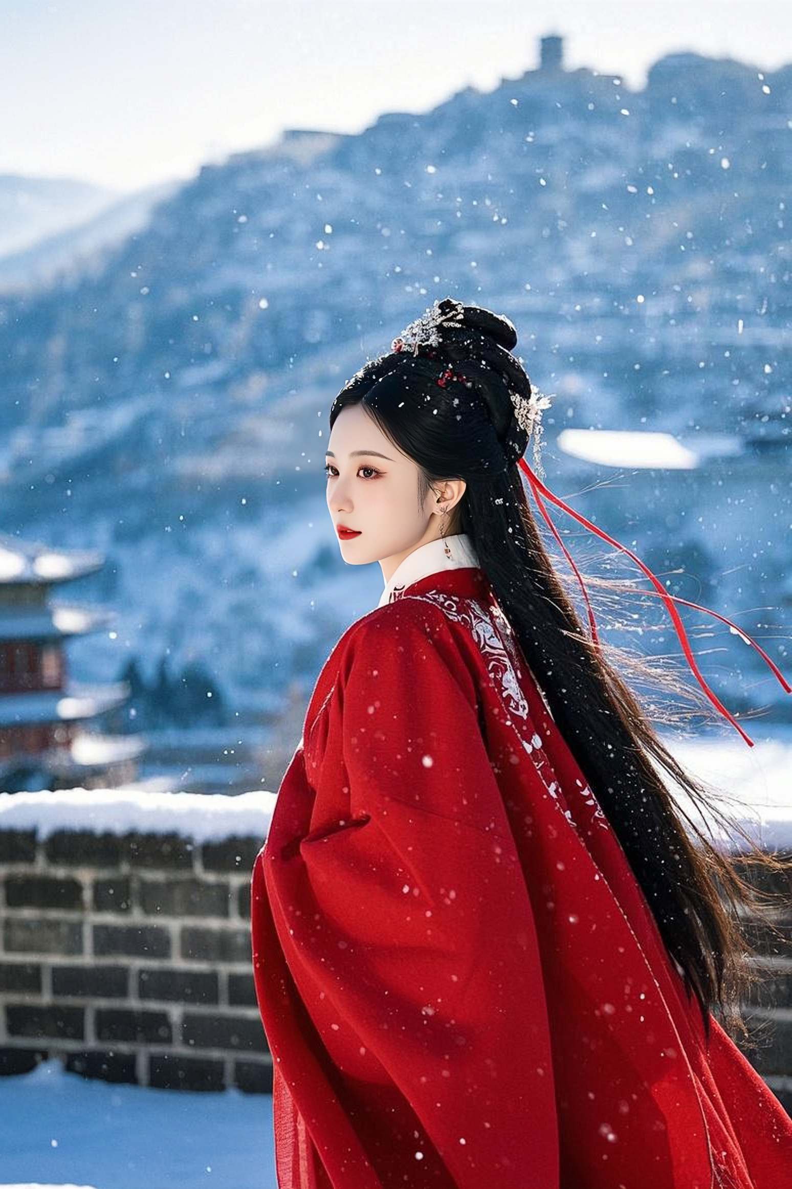 动态连古风楼阁女子图片飘雪古风红衣飘飘图片