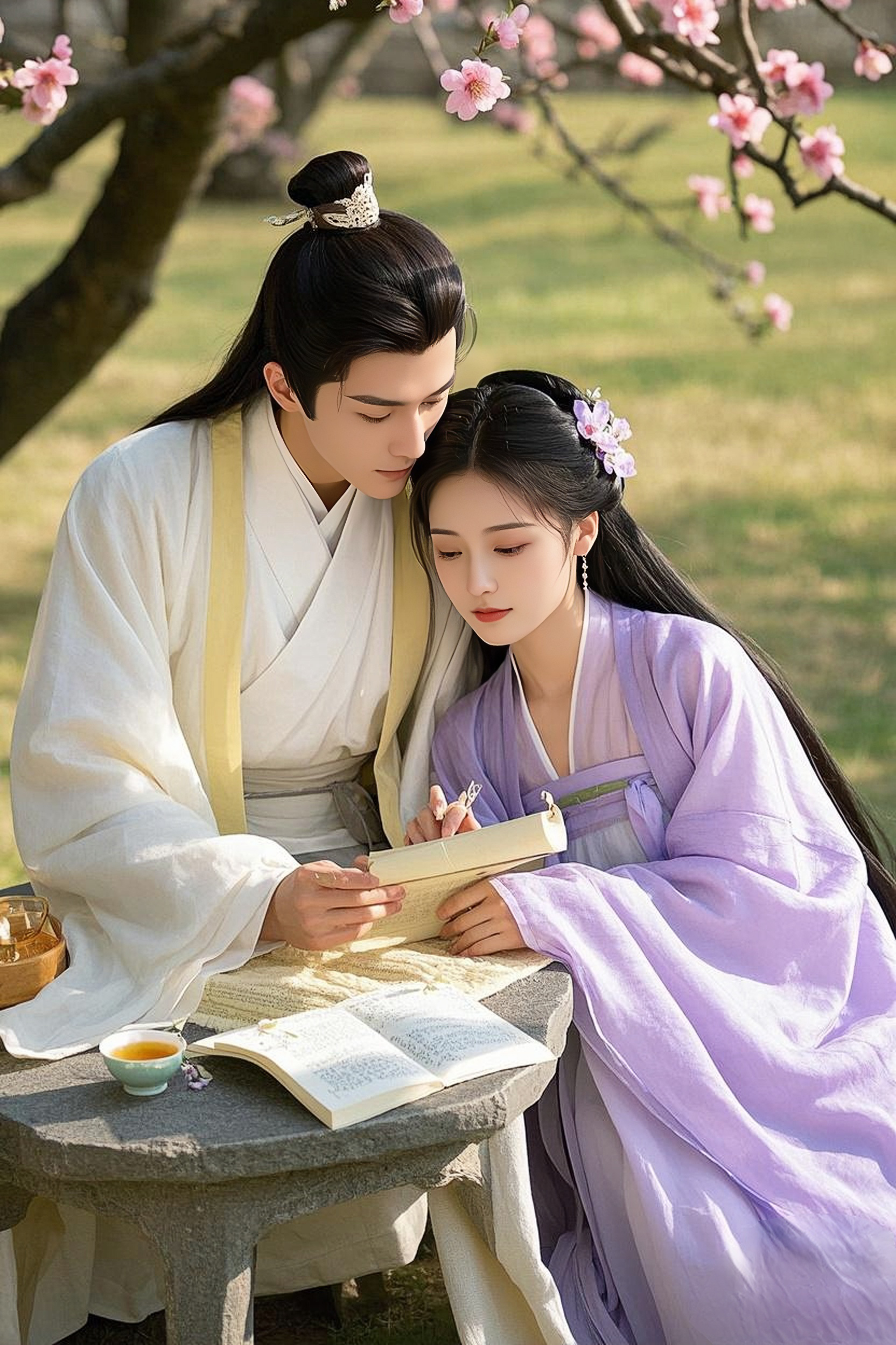 石桌之上,茶具错落,茶香袅袅