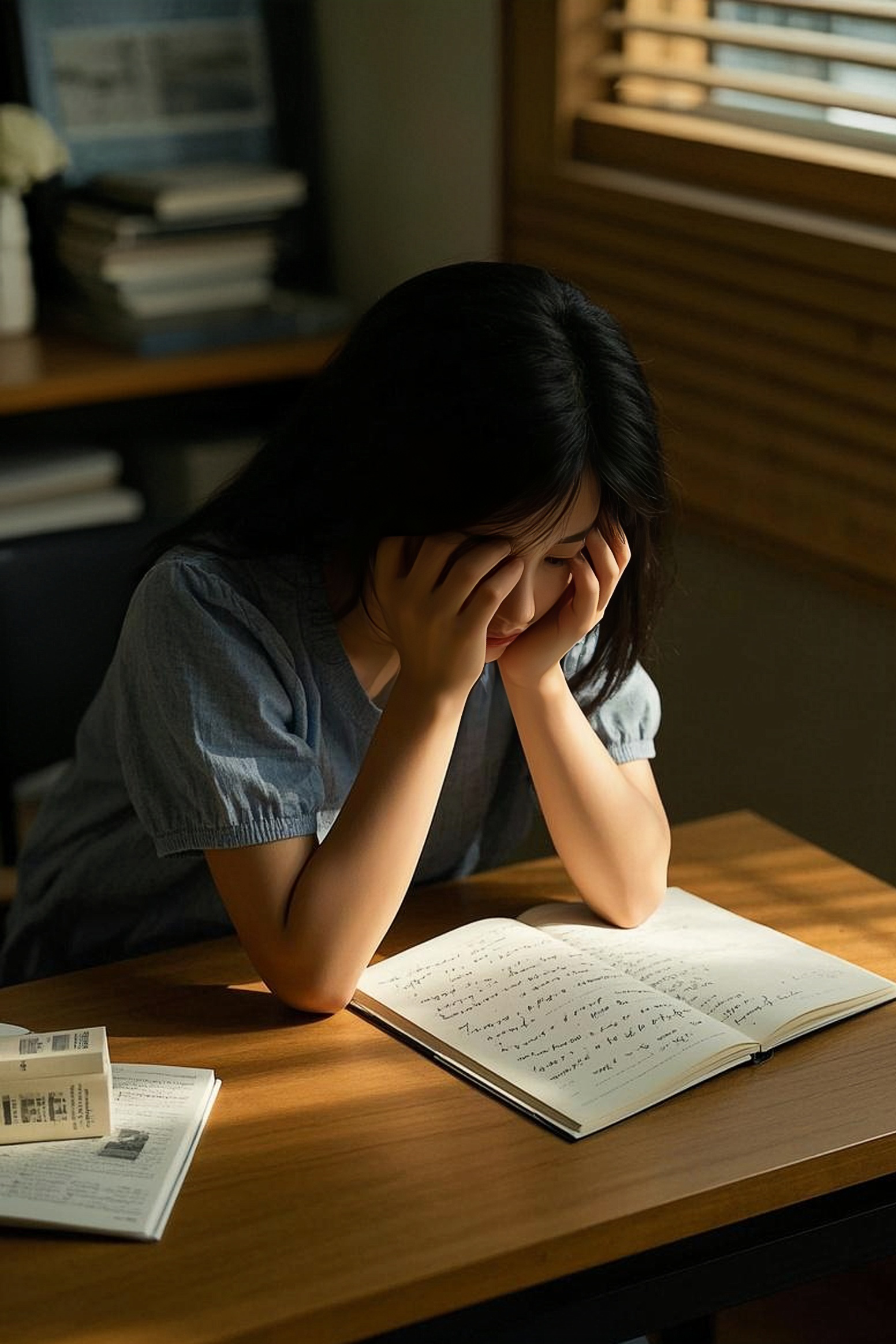 静谧的室内角落,柔和的光线透过百叶窗和灯罩洒落,勾勒出她沉思的轮廓