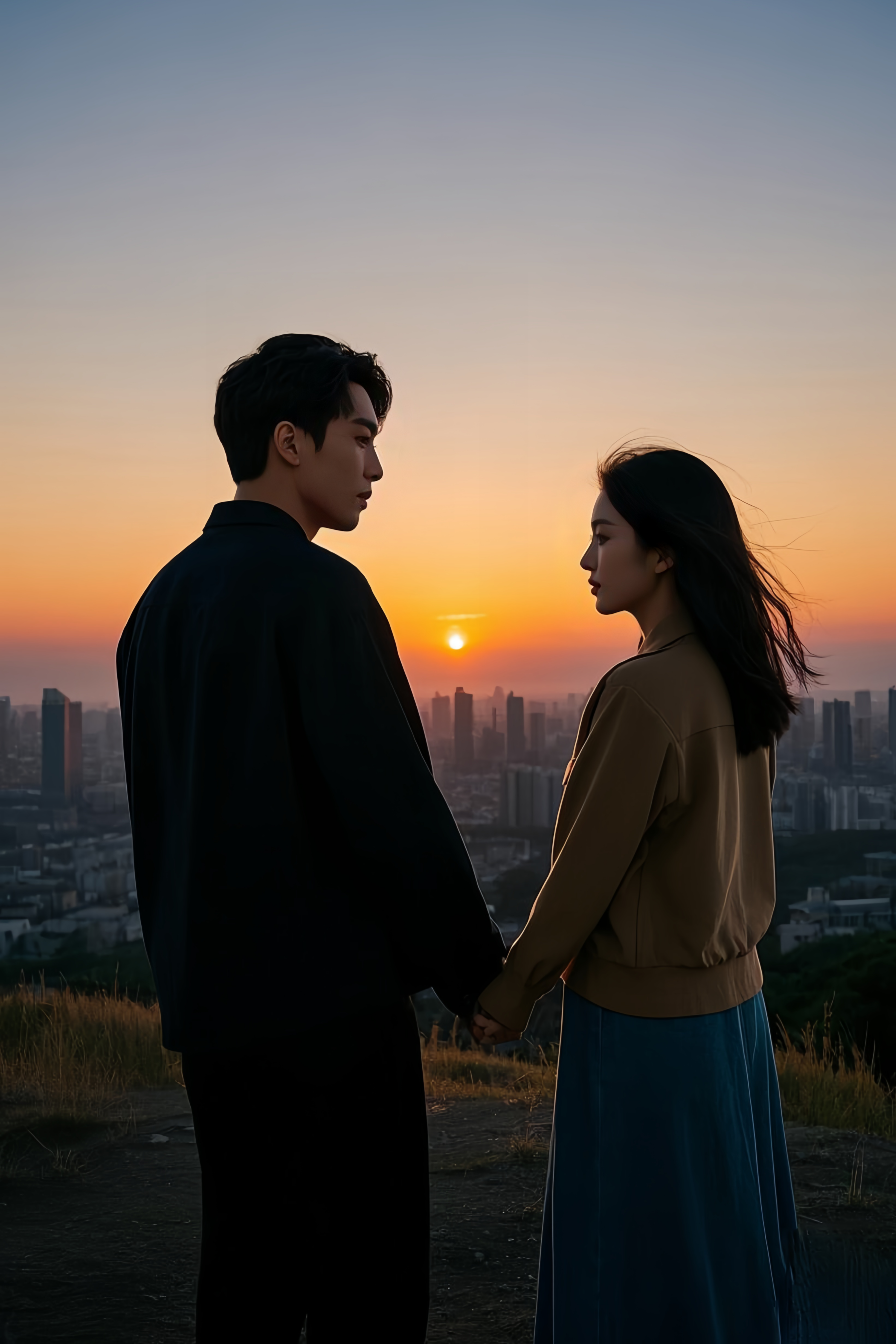黄昏下,并肩而立,城市的轮廓与落日余晖交织,映照着彼此深情的目光,无