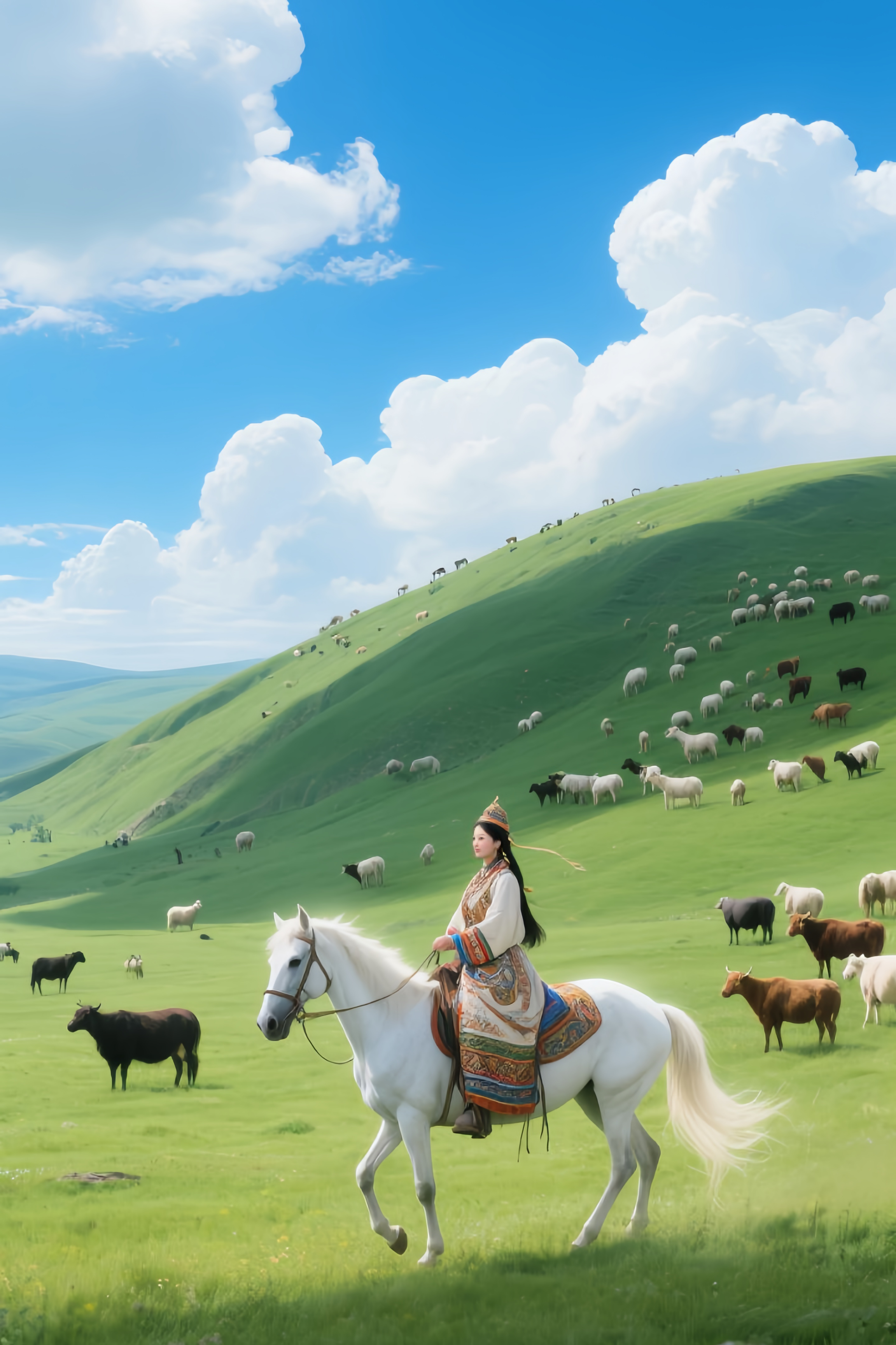 身着绚丽传统服饰的女子,骑在骏马上,身姿挺拔而优雅