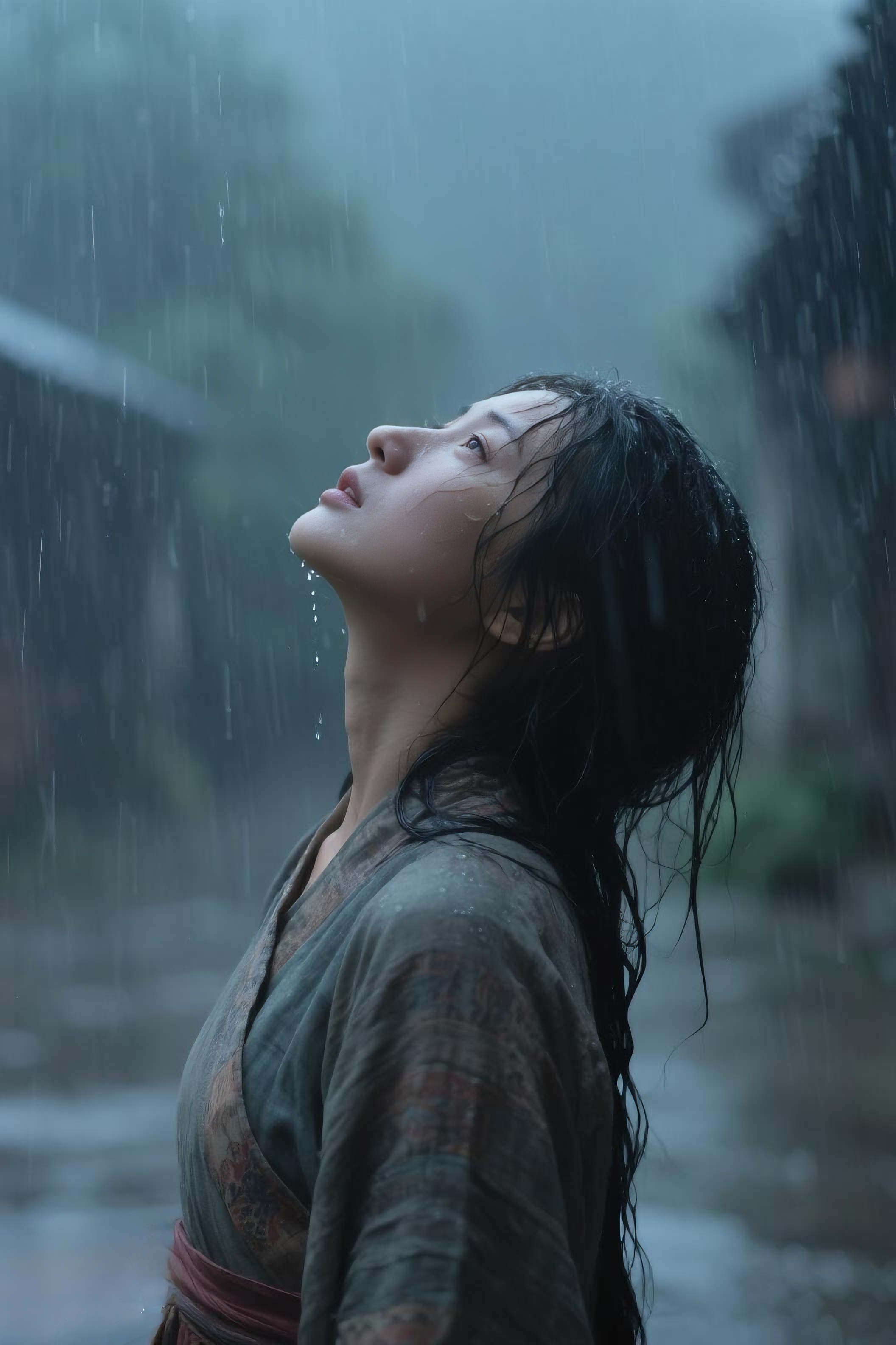 她于雨中伫立,任回忆漫过心堤