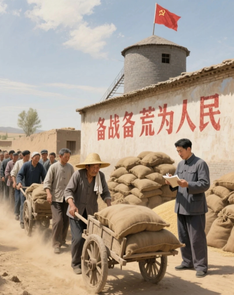 他们推着装满沉甸甸稻谷的板车,踏上前往粮站的路