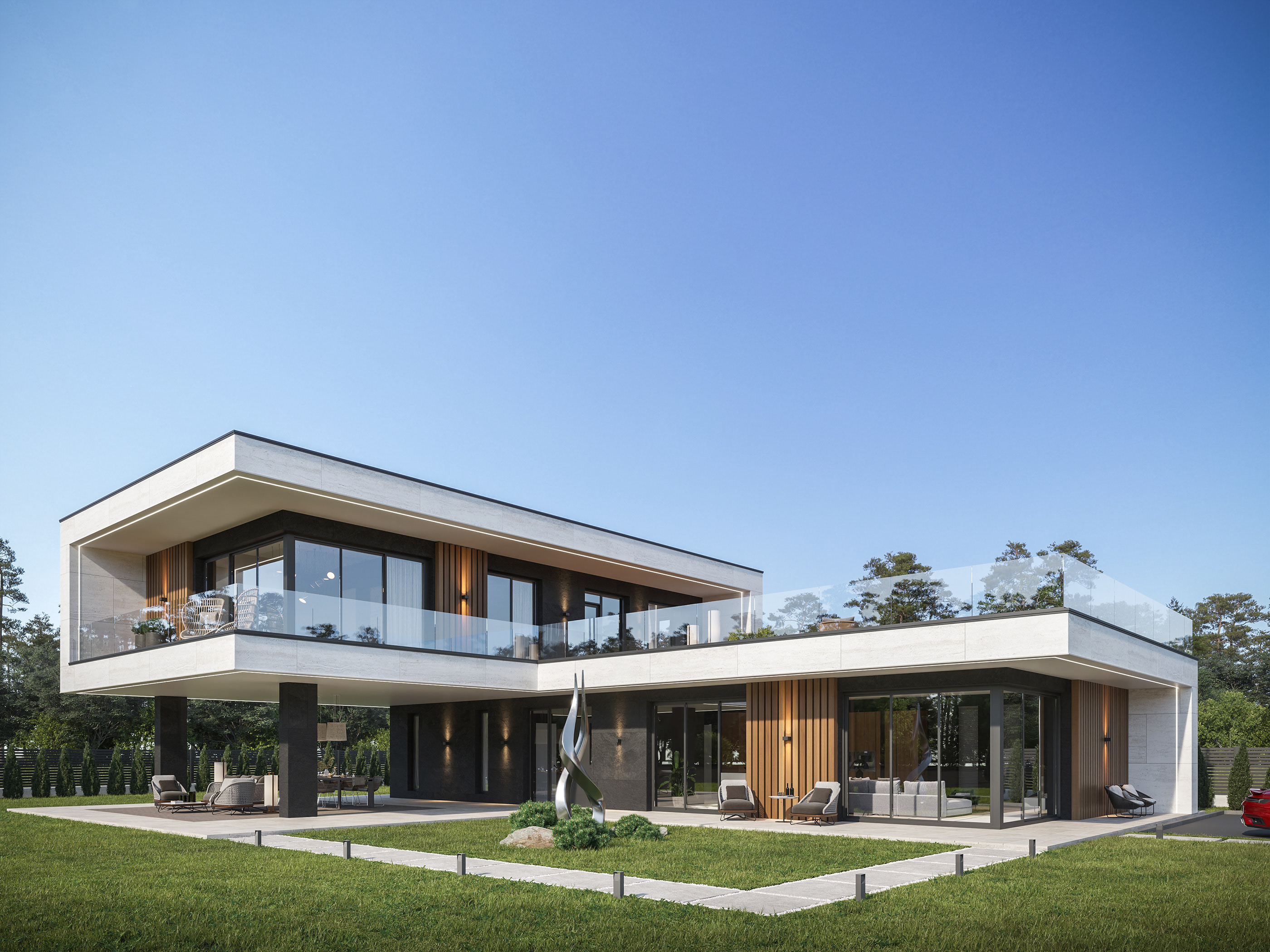 住宅的独特之处在于其两层楼的交叉设计,这种设计不