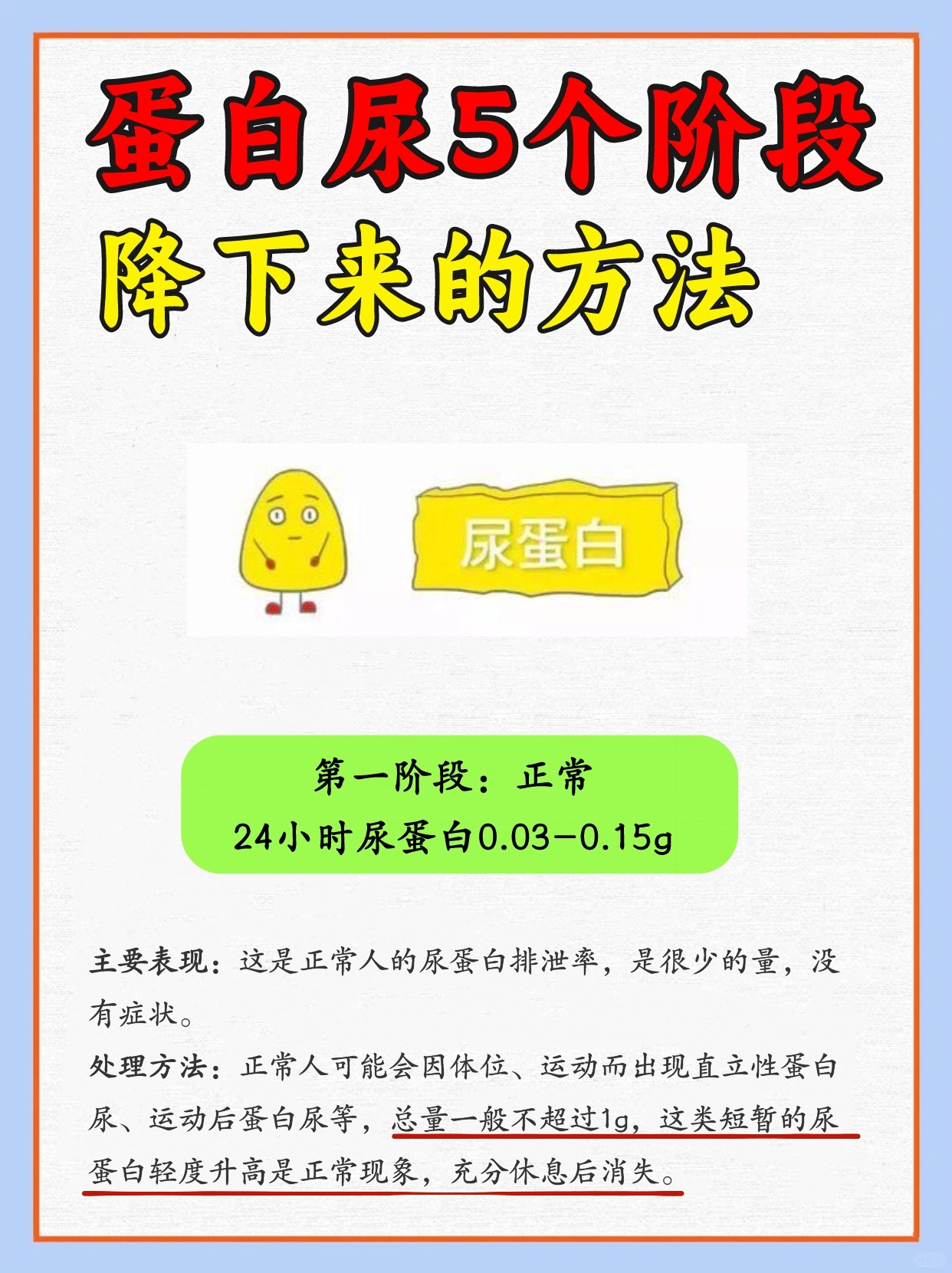 15g  主要表现:这是正常人的尿蛋白排泄率,是很少的量,没有症状