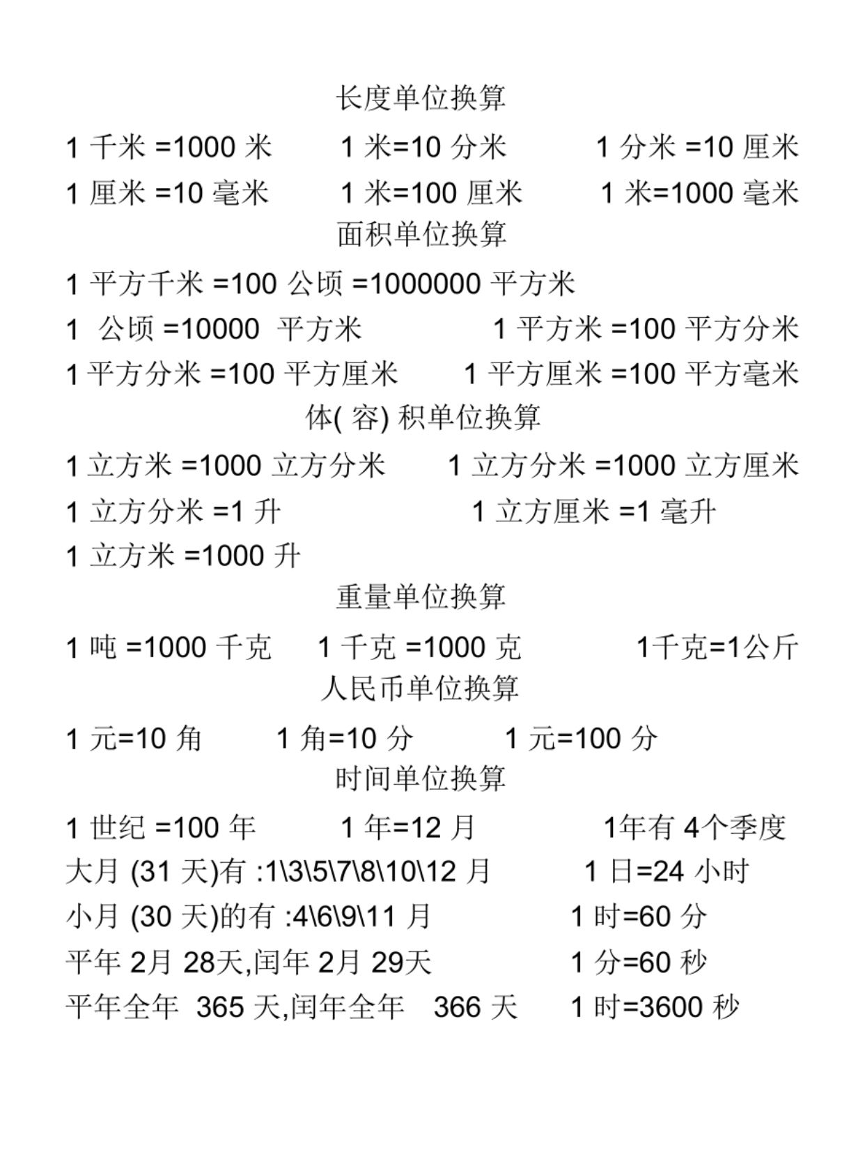 关于小升初数学单位换算表（可打印）的信息