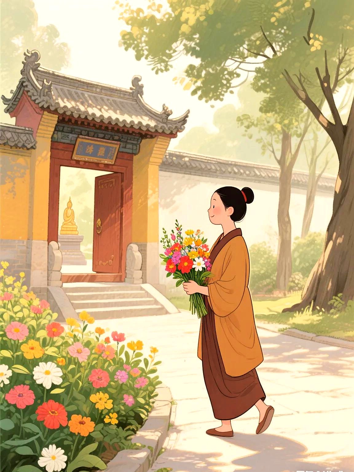 一位信佛的女士每天都从自家花园摘花,送到寺庙供奉佛祖