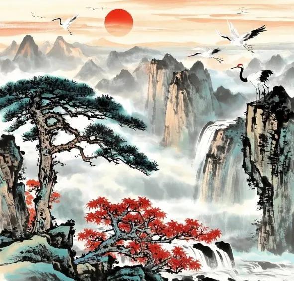 松树四季常青,象征坚韧不拔与长寿;仙鹤身姿优雅,代