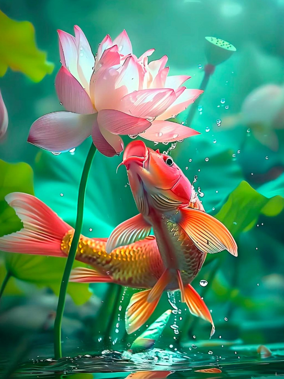 这条鲤鱼绝对对这朵荷花情有独钟!