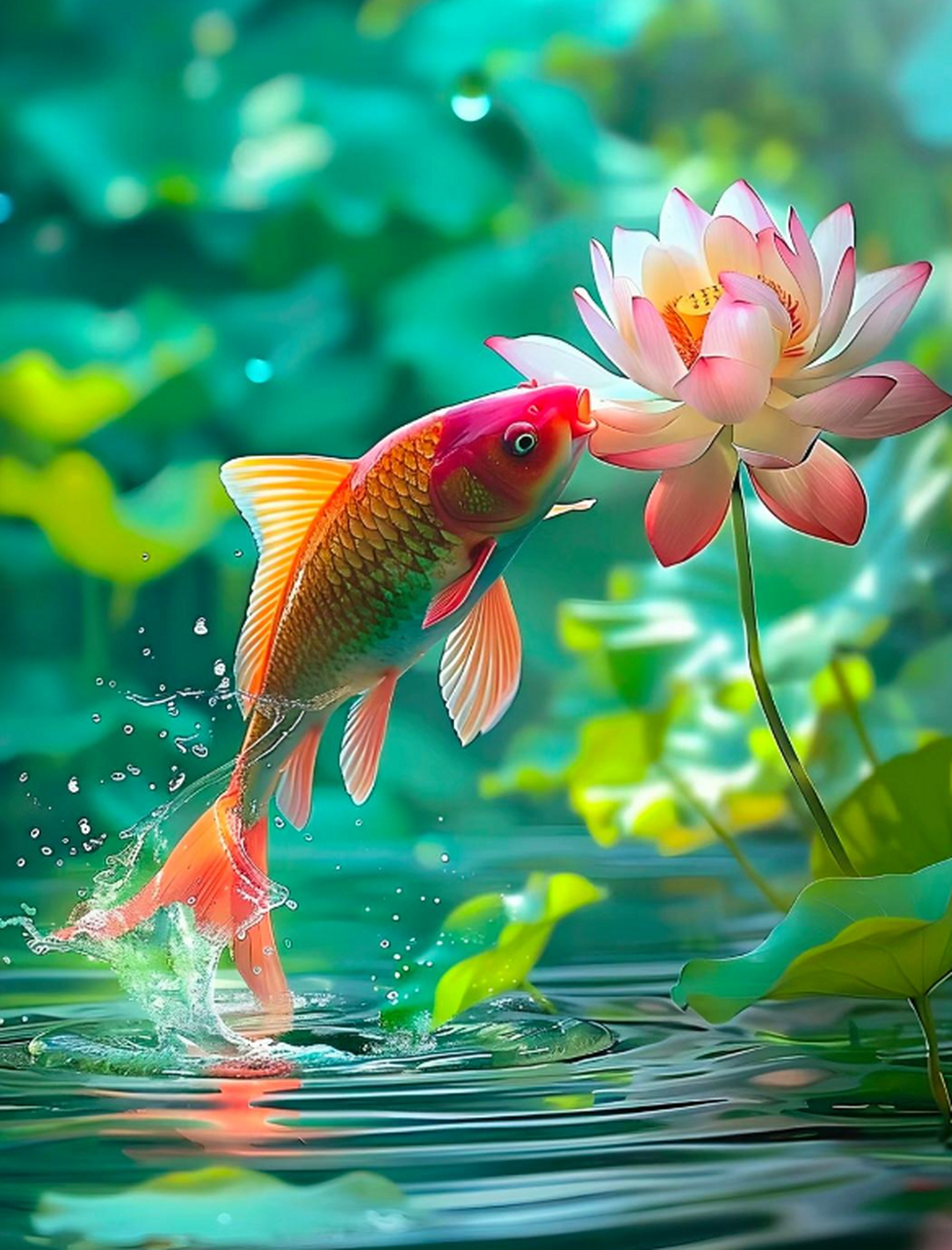 这条鲤鱼绝对对这朵荷花情有独钟!