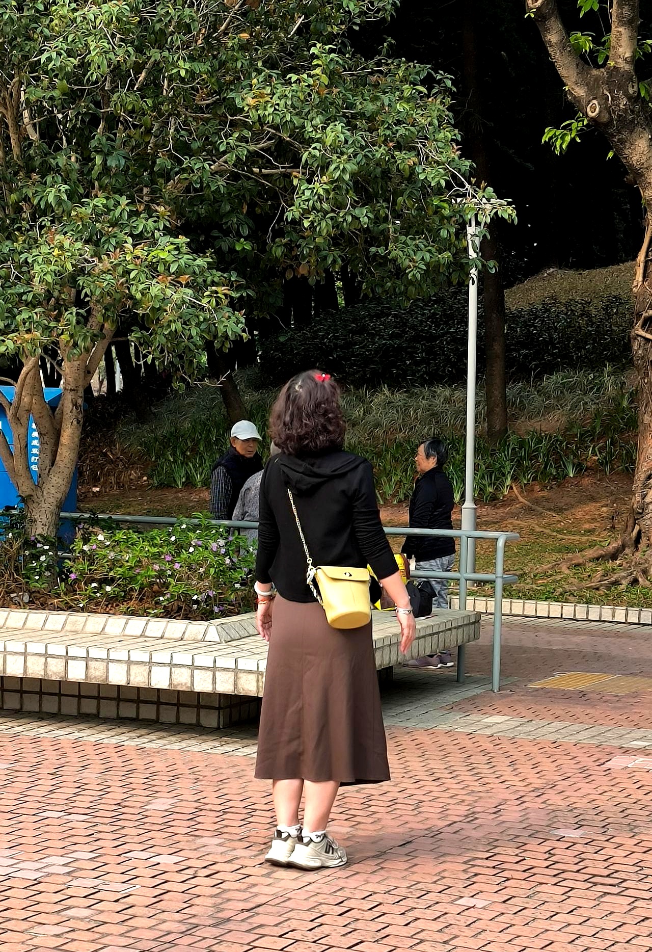 五十多岁的大姐站在街头,黑短款连帽卫衣裹着身,咖啡色半身裙摆在风里