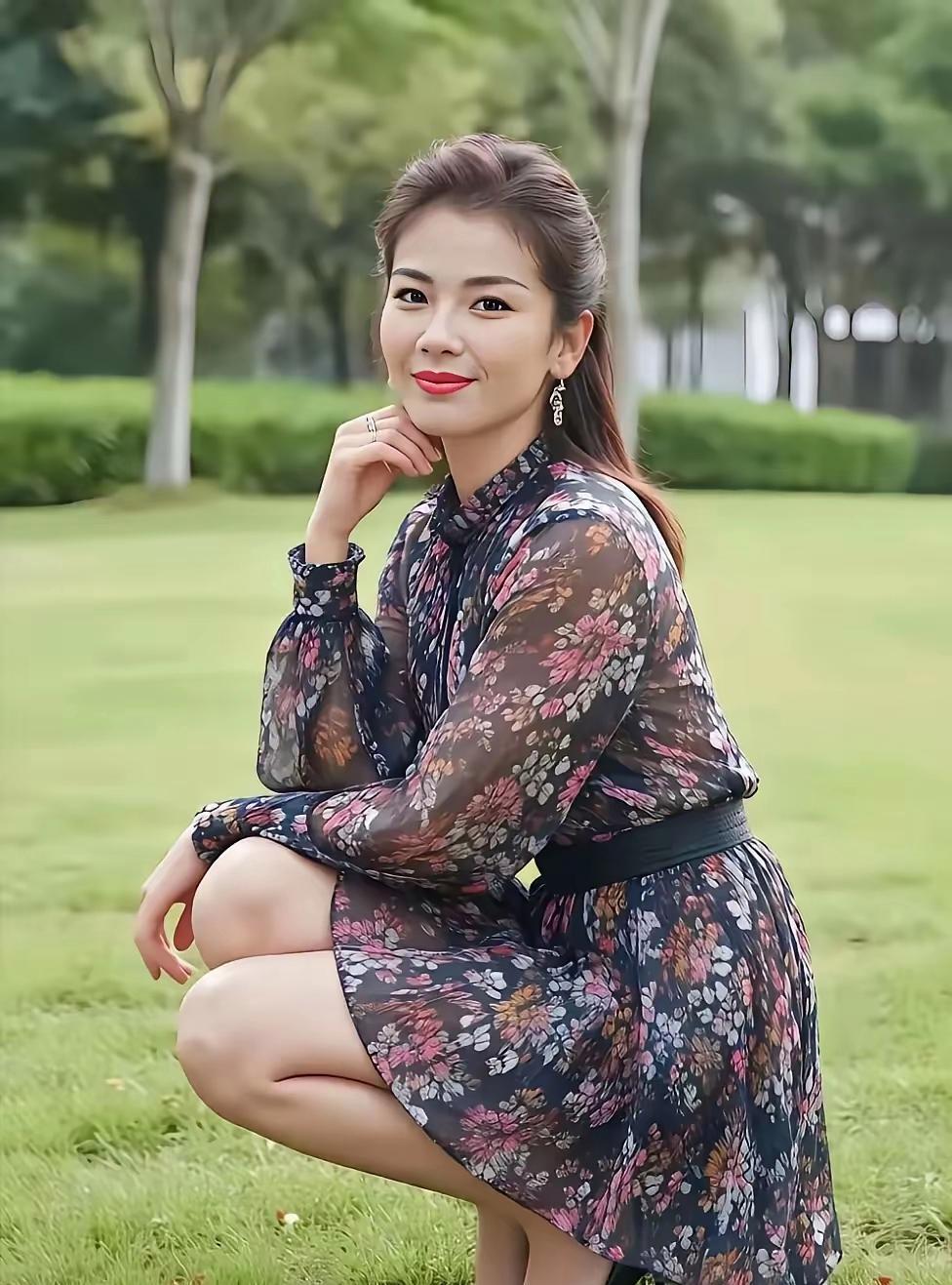 刘涛蹲在草地上,笑容灿烂如夏花般绚烂