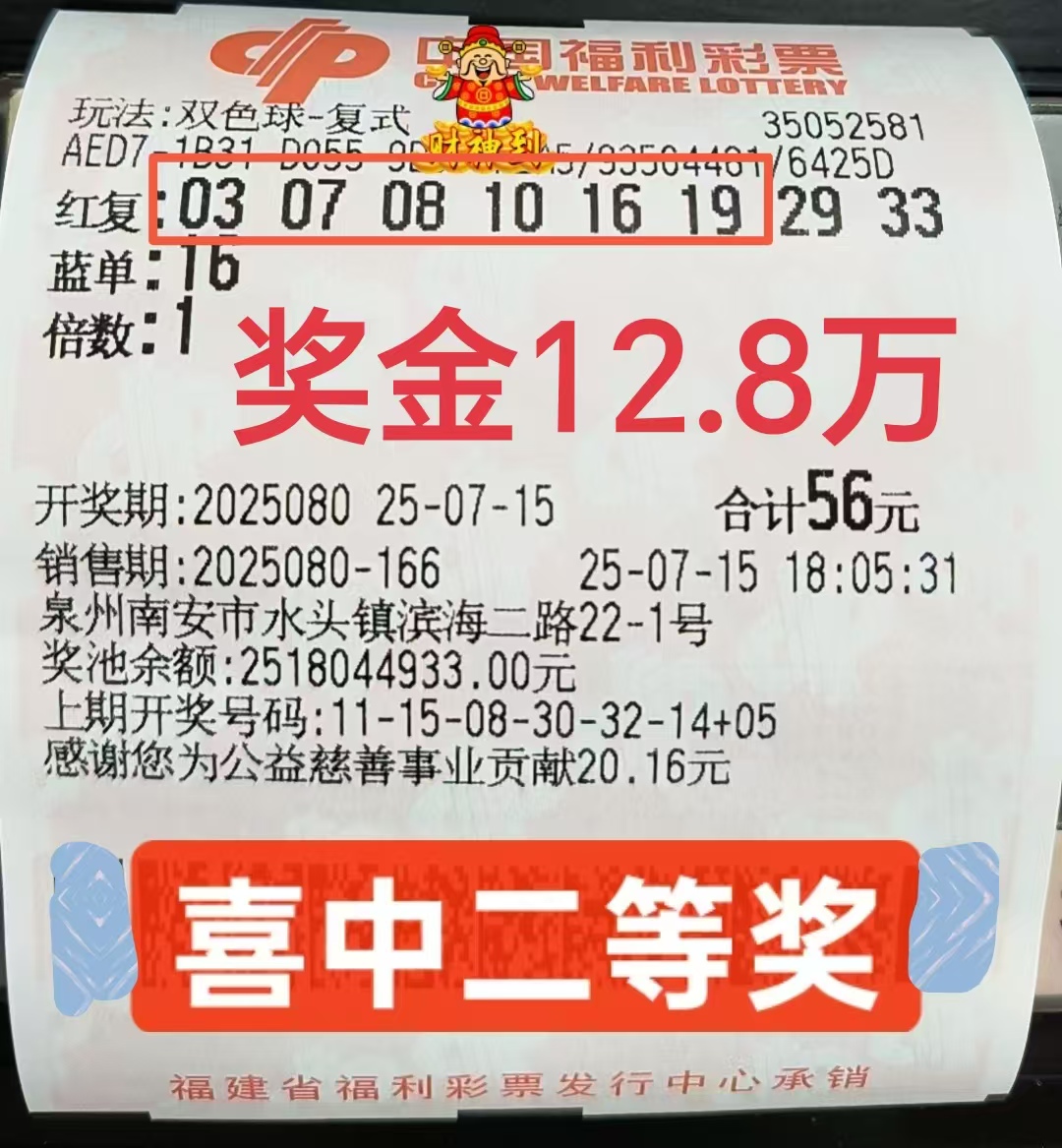 福建泉州彩民小复式8+1喜中双色球二等奖12