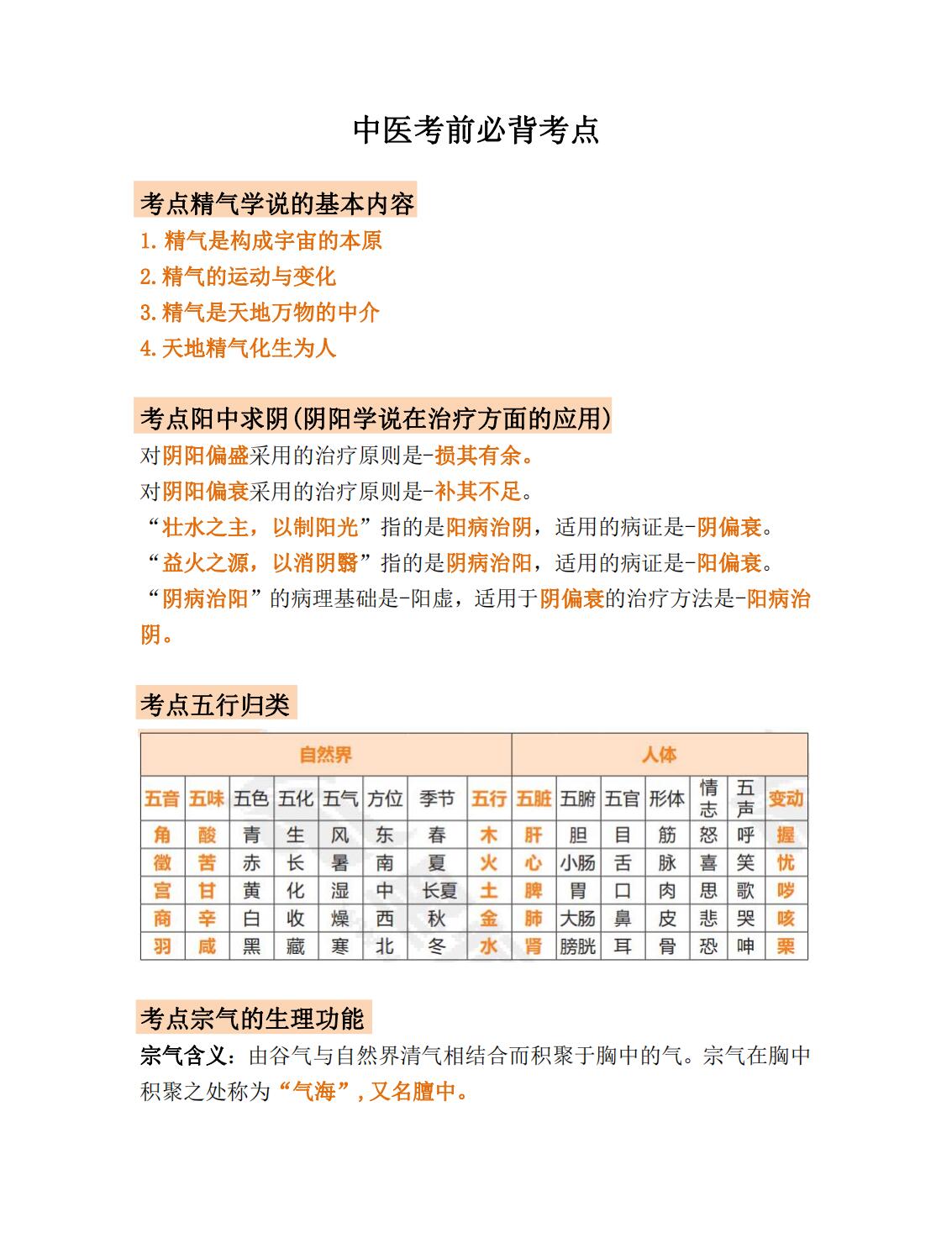 中医考前必背考点 考点精气学说的基本内容 1.