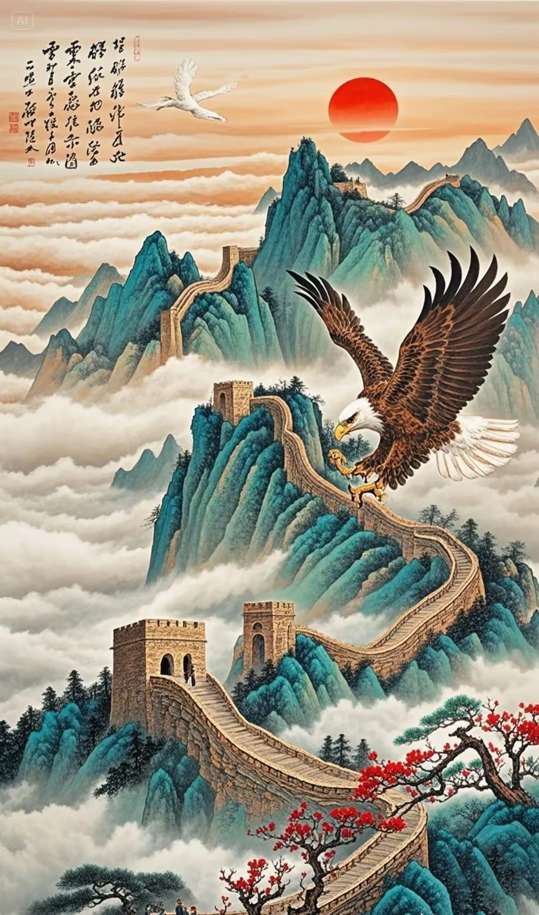 雄鹰展翅冲霄汉,鸿运载福耀九天.吉祥顺遂常相随,家和业兴万事圆