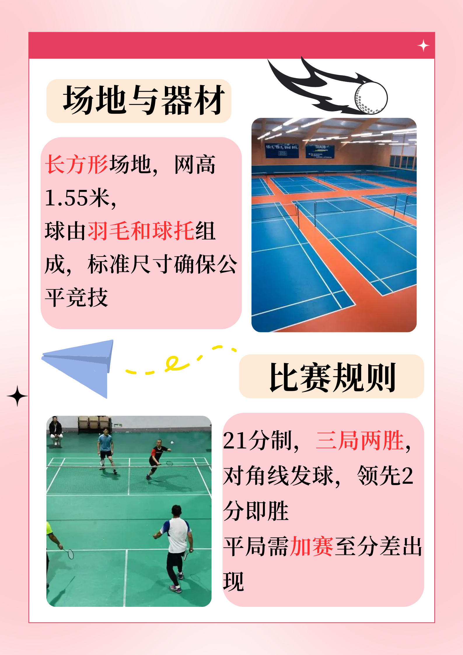 一,场地与器材 羽毛球比赛场地为长方形,长13.40米,宽6.