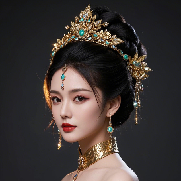 她的头型饱满,盘起的发髻高耸而华丽,上面镶嵌着各种宝石和珠翠,在