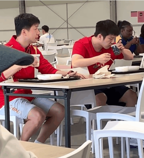 龙队大头和小胖一起吃饭,两个左撇子坐一桌