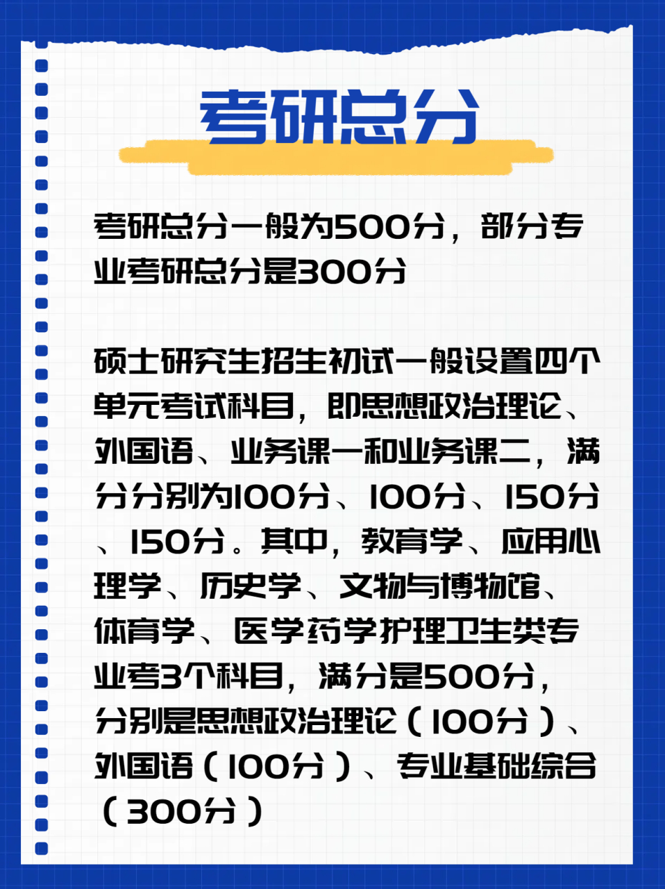 考研总分一般为500分,部分专业考研总分是300分 硕士研究