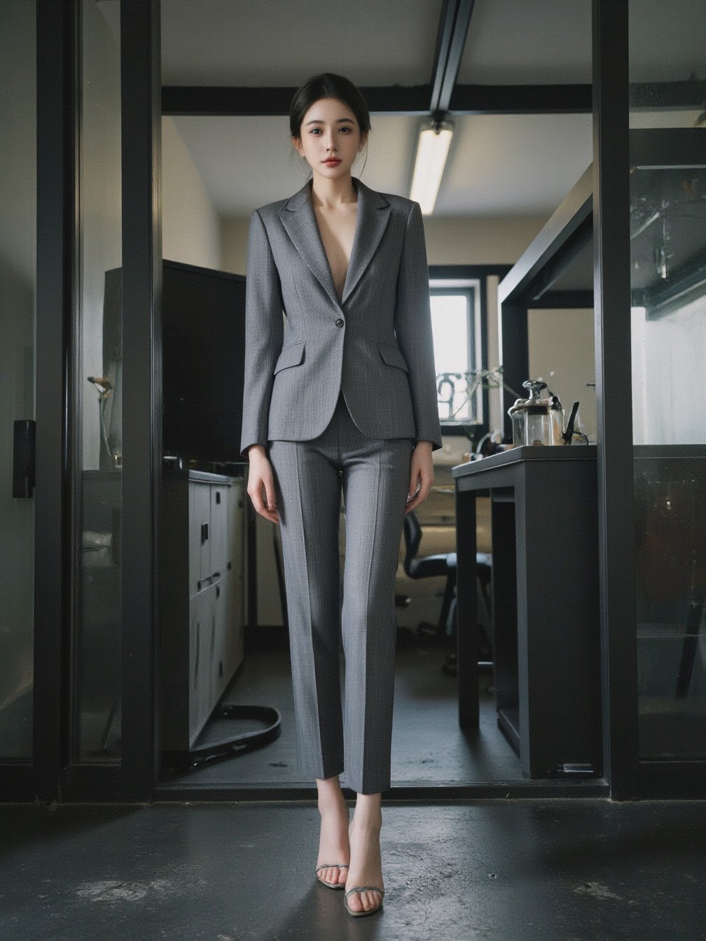 主角是一位穿着灰色西装套装的九头身美女模特