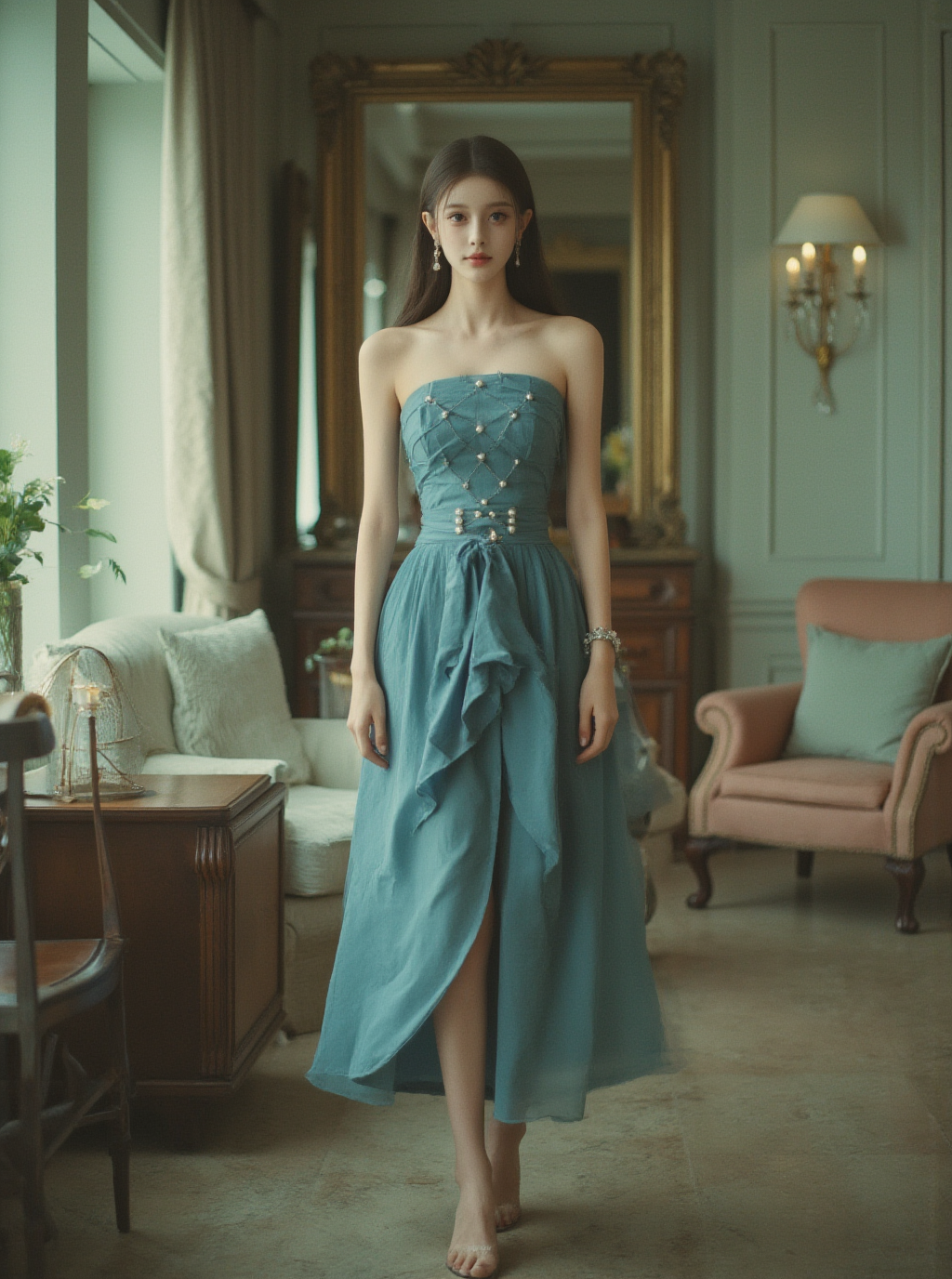 珠光宝气无肩带紧身连衣裙 中文版:创作一个九头身美女正面照写真