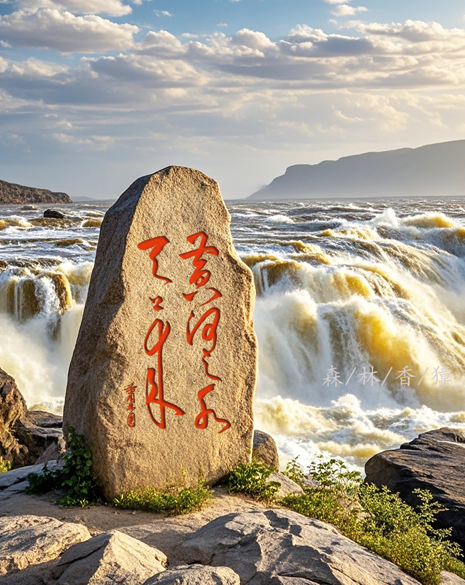 黄河之畔,一块大石巍然屹立,其上刻着的草书犹如蛟龙跃出水面,笔锋