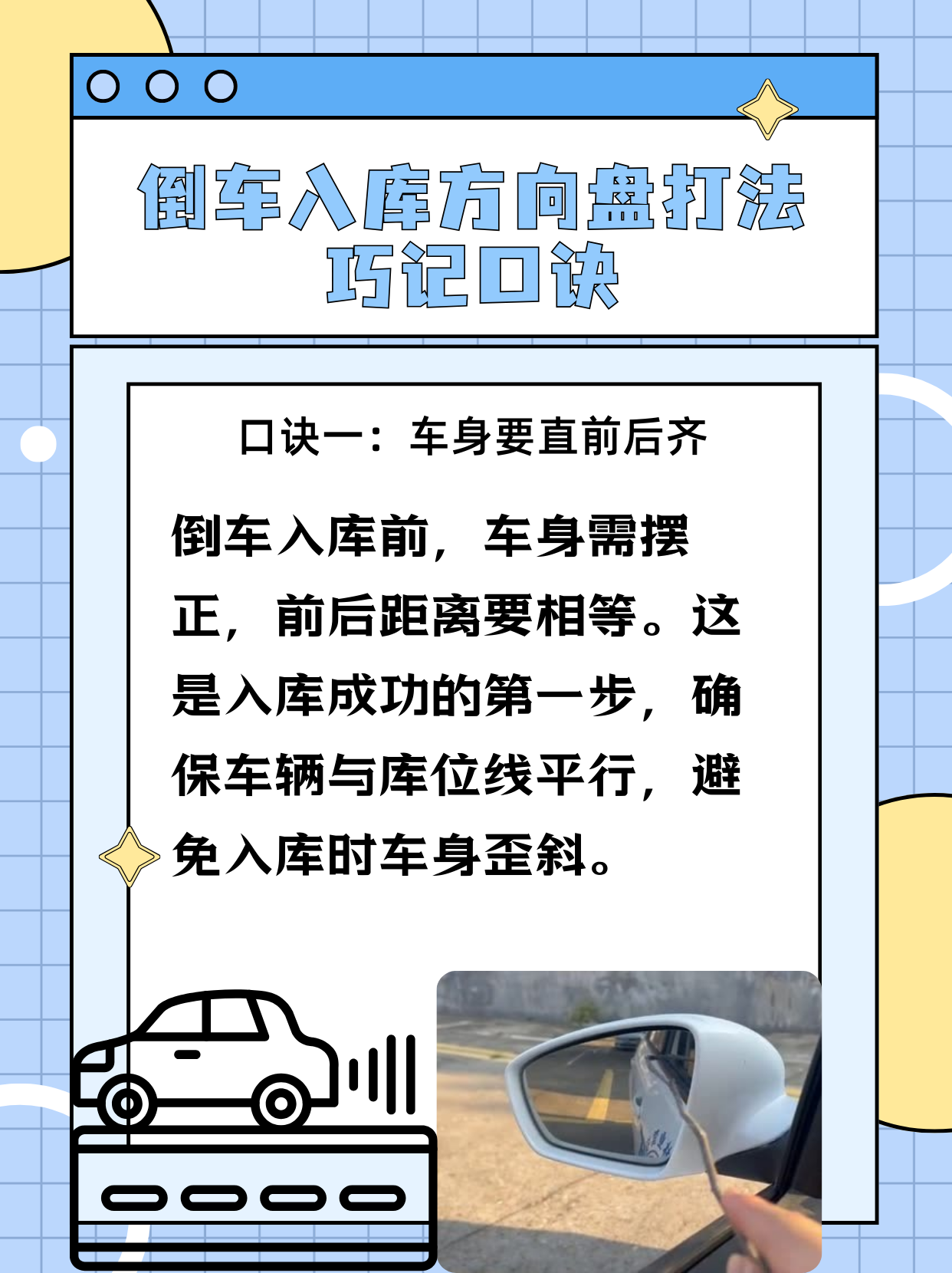 倒车入库方向盘打法巧记口诀  口诀一:车身要直前后齐 倒车入库前