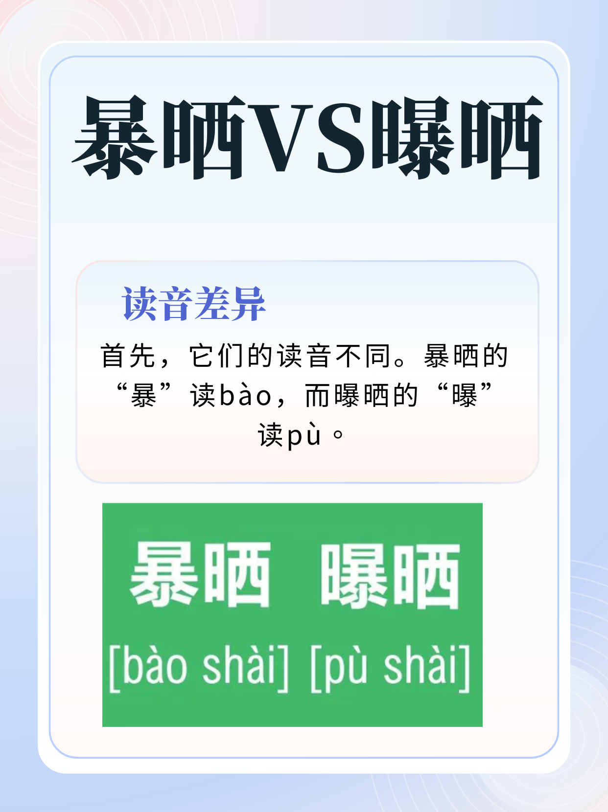 暴晒的"暴"读bào,而曝晒的"曝"读pù