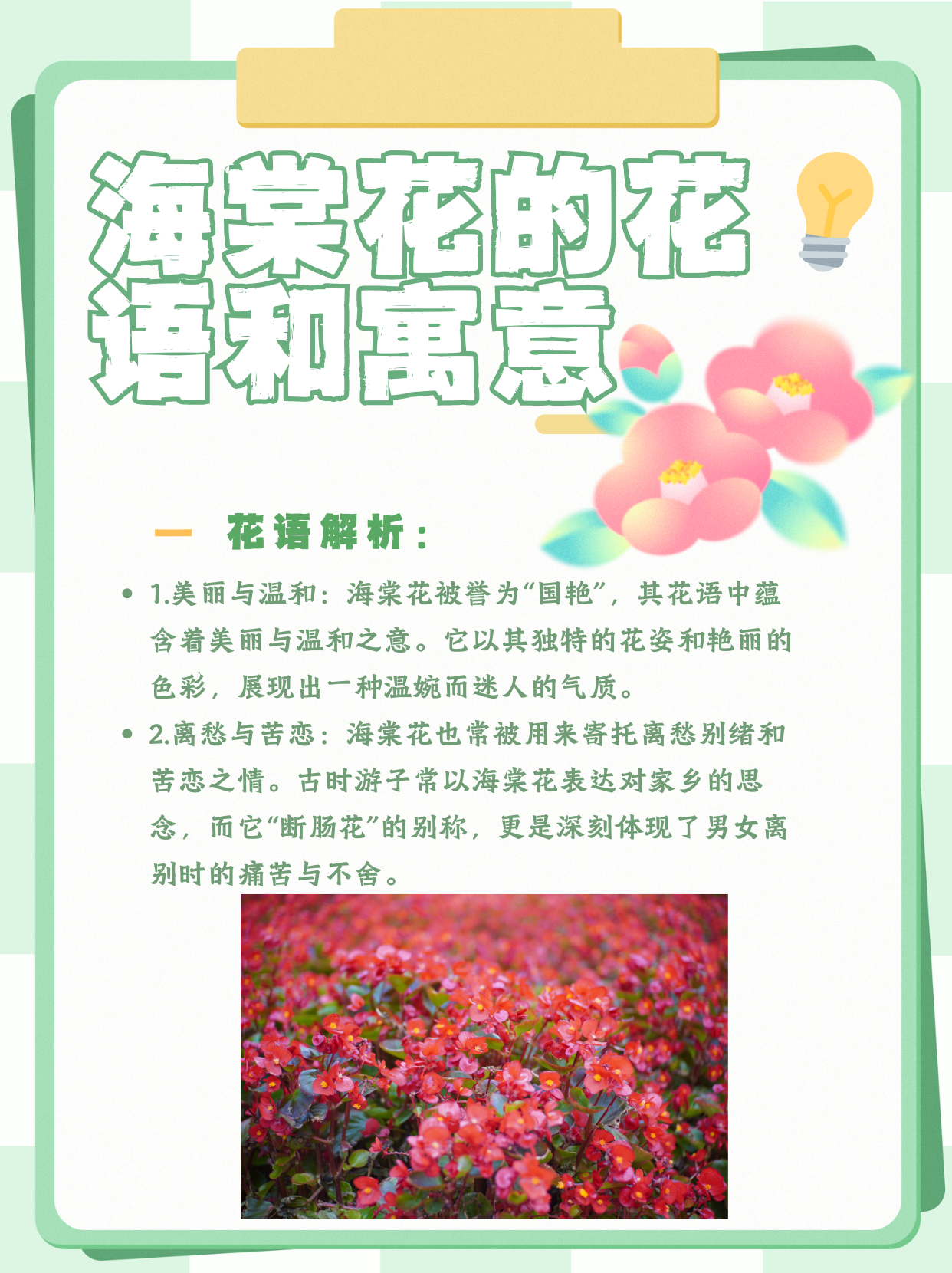 美丽与温和:海棠花被誉为"国艳",其花语中蕴含着美丽与温和之意