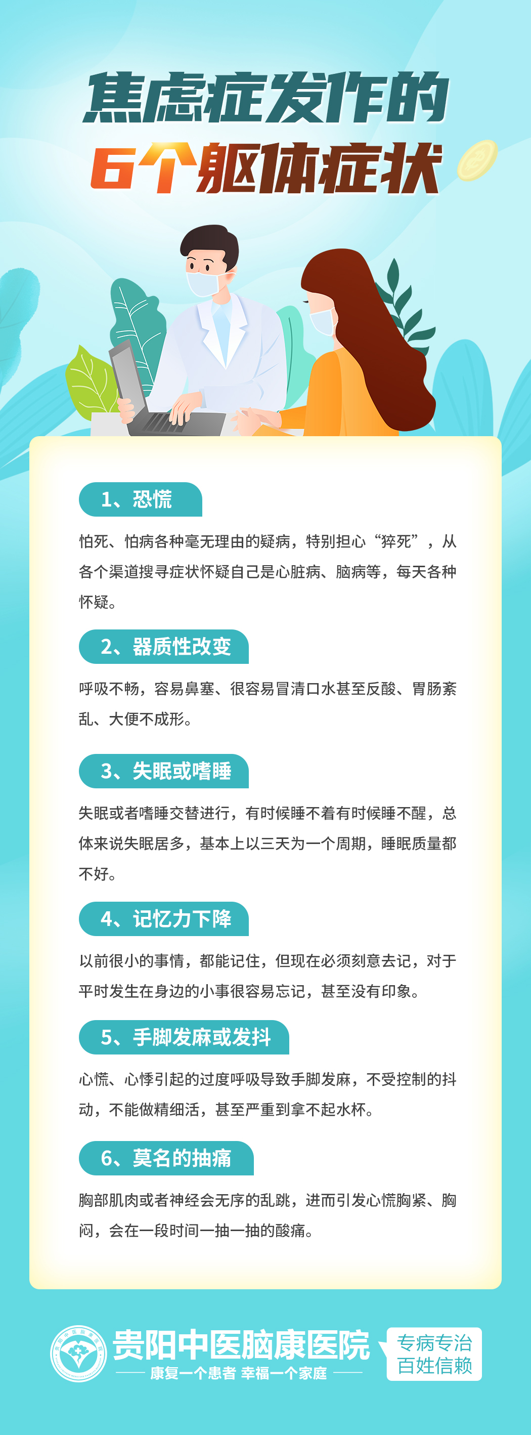 焦虑症发作时会有 6 个体躯症状,包括恐慌,器质性改变,失眠或嗜睡